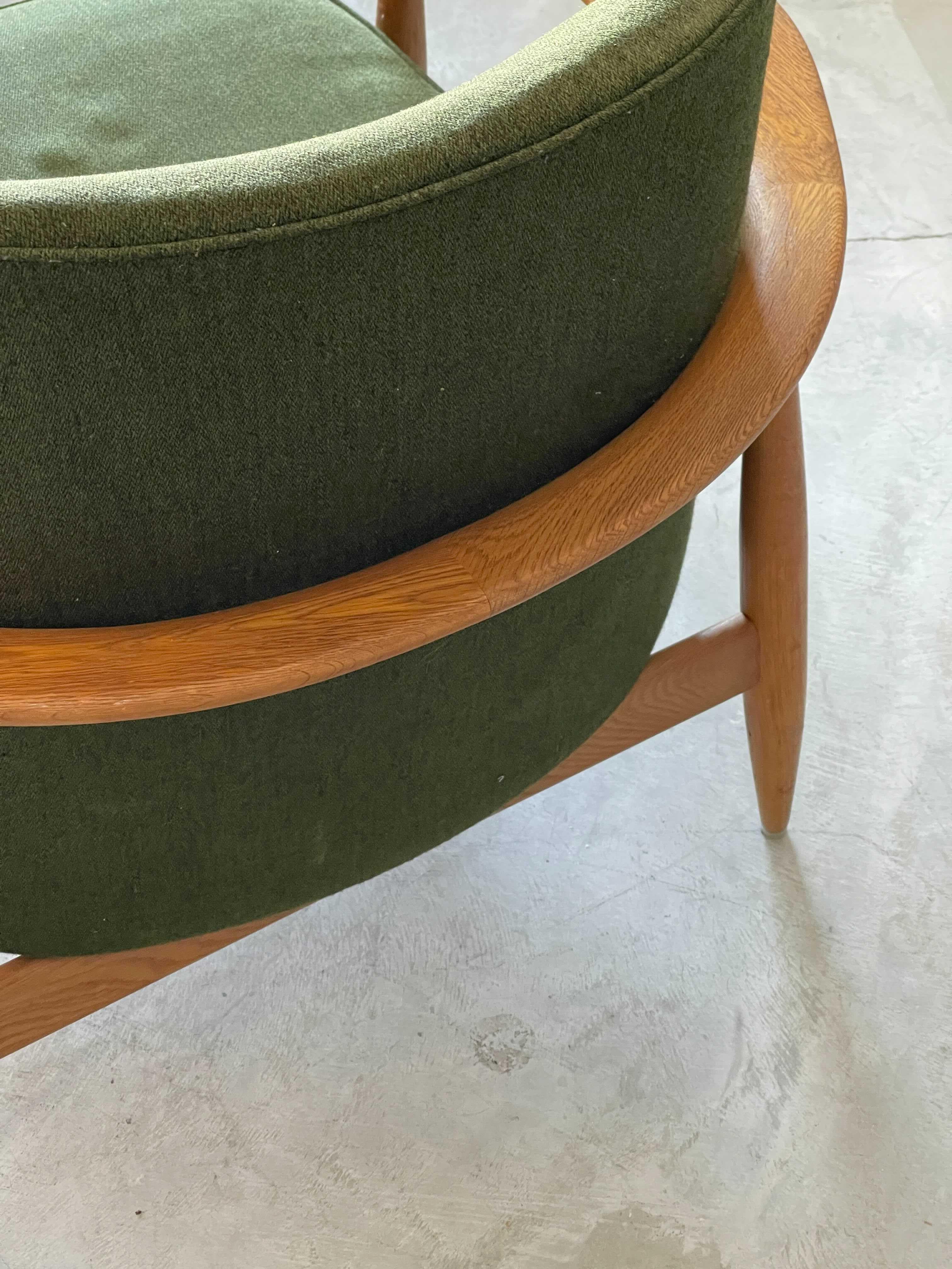 Mid-Century Modern Swedish, Lounge Chair, Turned Oak, Green Fabric, Sweden, 1950s
