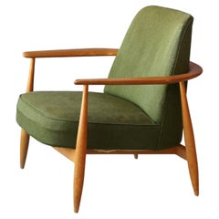 Fauteuil de salon suédois, chêne tourné et tissu vert, Suède, années 1950