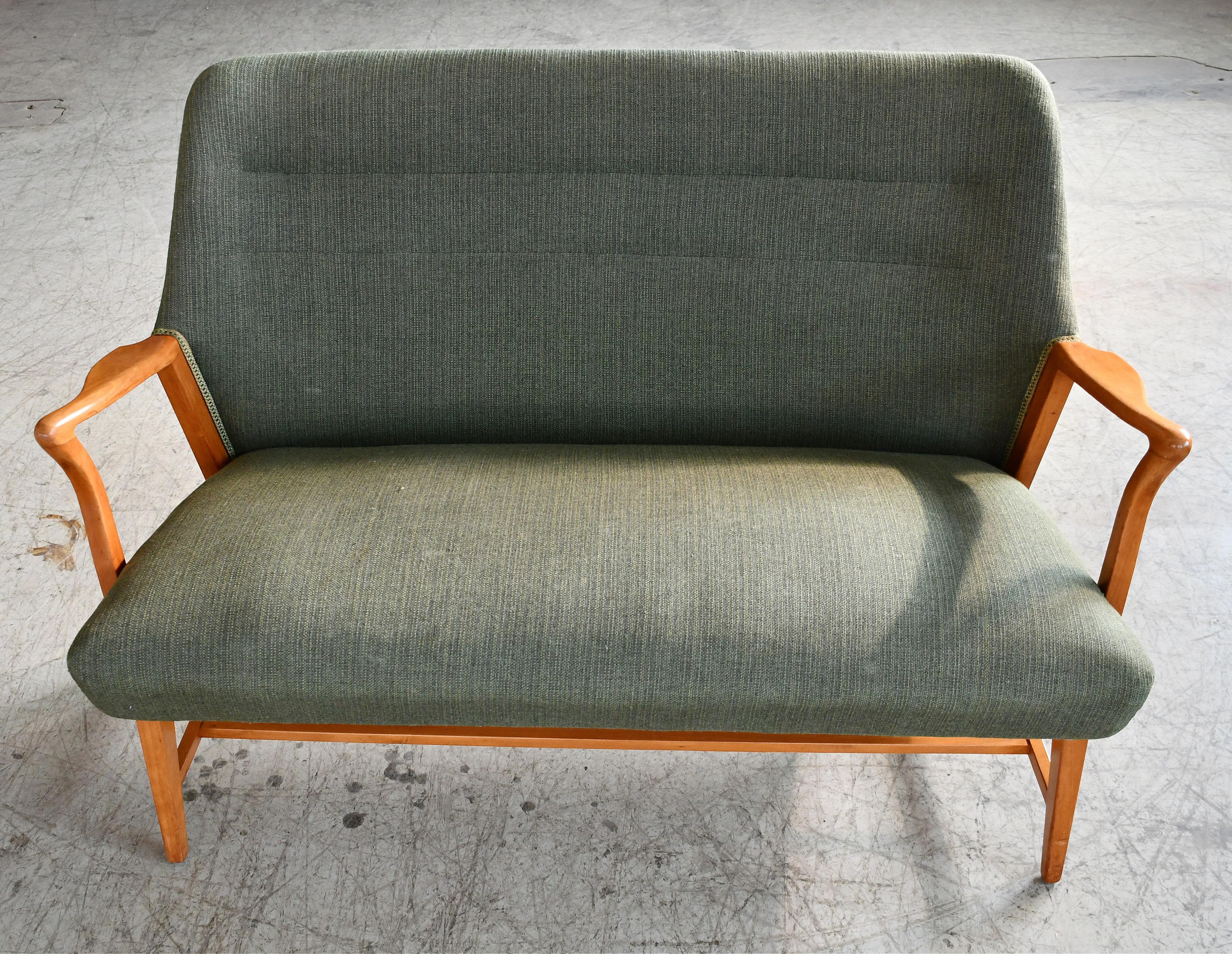 Mid-Century Modern Swedish Loveseat or Settee with Open Wooden Armrests in Elm ca. 1950