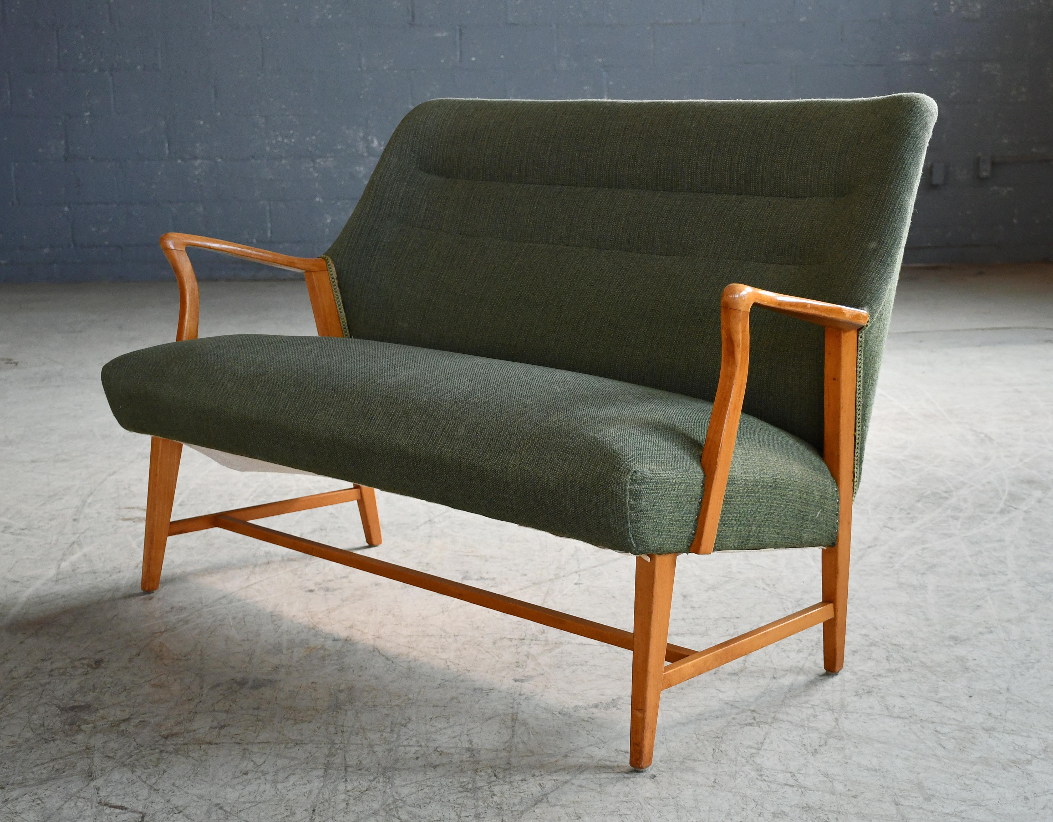Danish Swedish Loveseat or Settee with Open Wooden Armrests in Elm ca. 1950