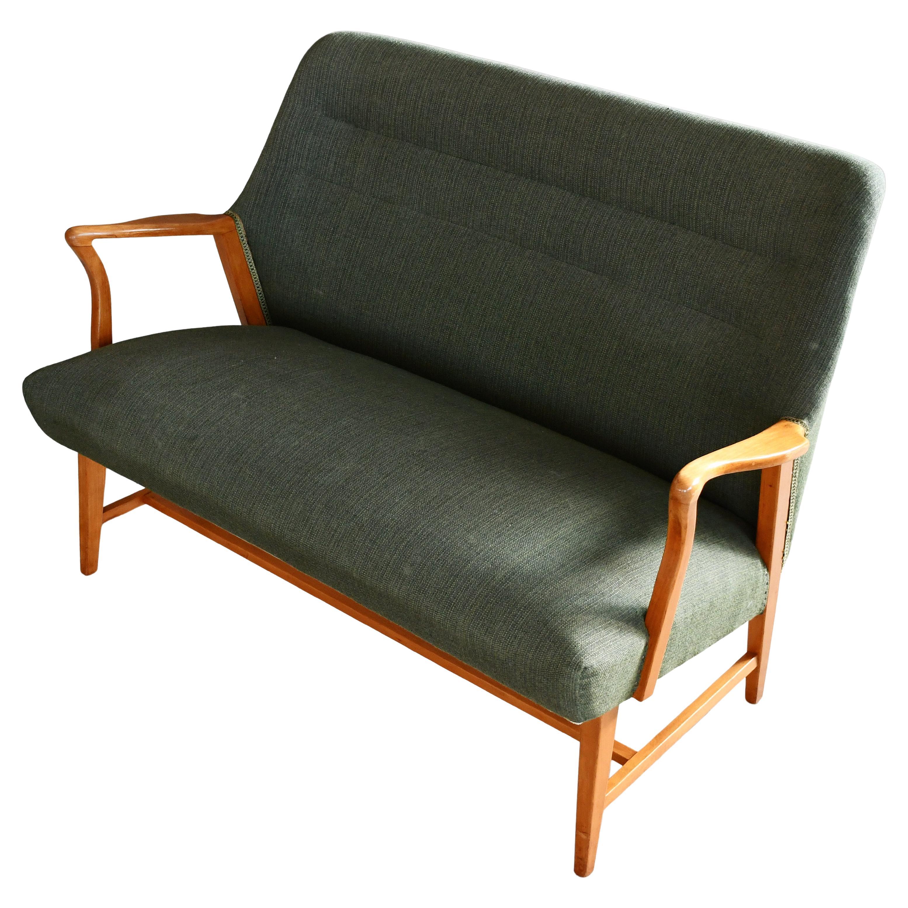 Swedish Loveseat or Settee with Open Wooden Armrests in Elm ca. 1950