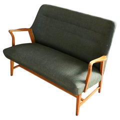 Swedish Loveseat or Settee with Open Wooden Armrests in Elm ca. 1950