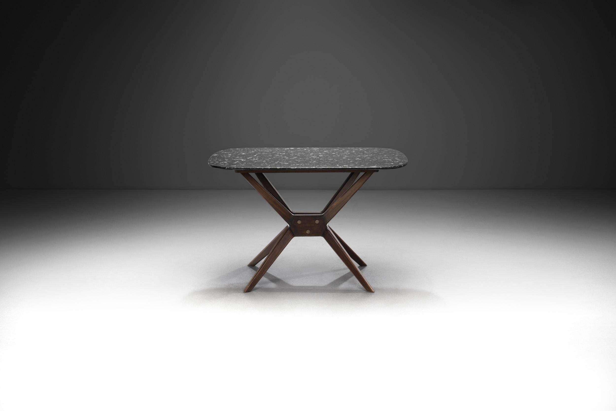 Scandinavian Modern Swedish Wooden Table with Oblique Legs and Stone Top, Sweden, circa 1960s For Sale