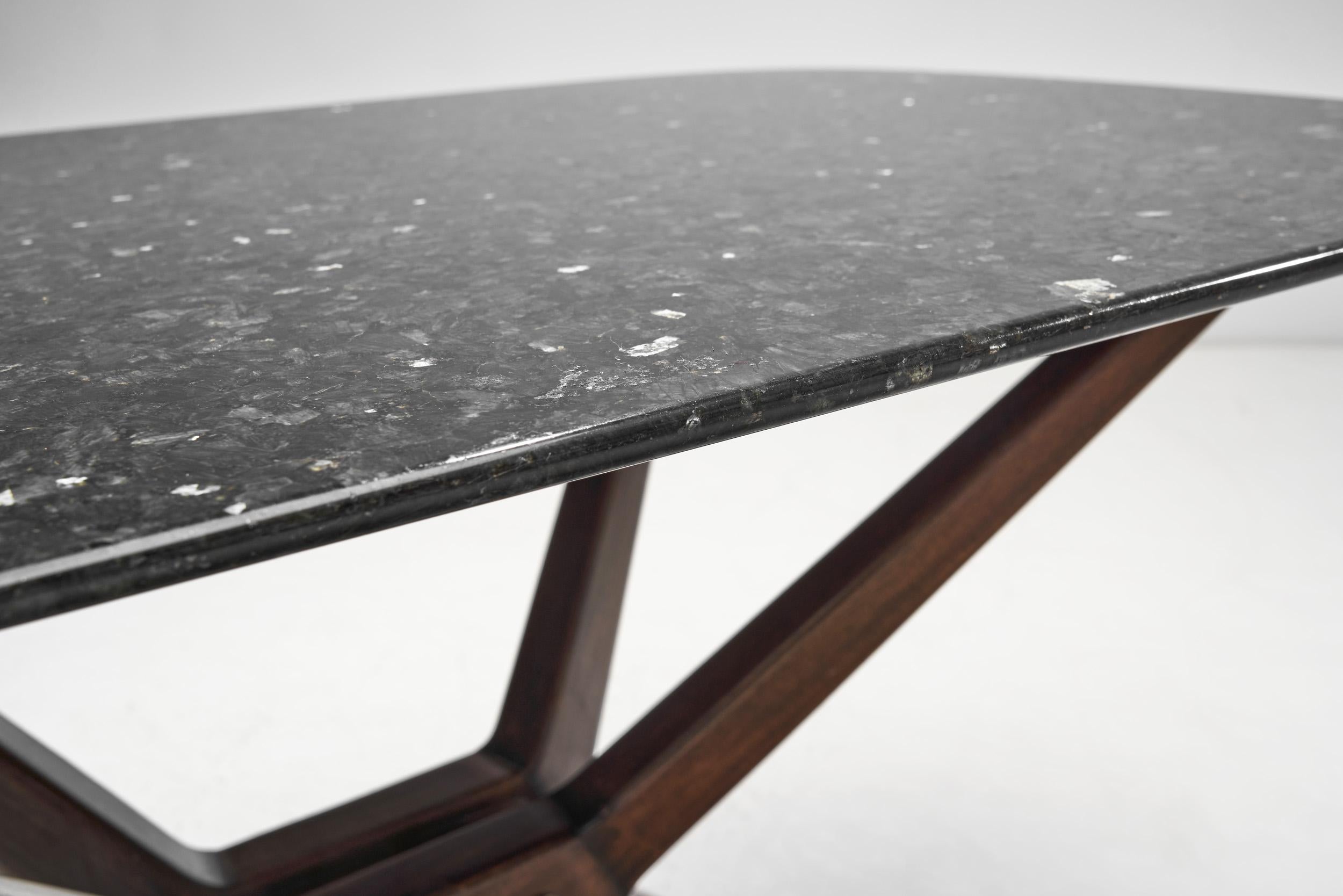 Swedish Wooden Table with Oblique Legs and Stone Top, Sweden, circa 1960s For Sale 2