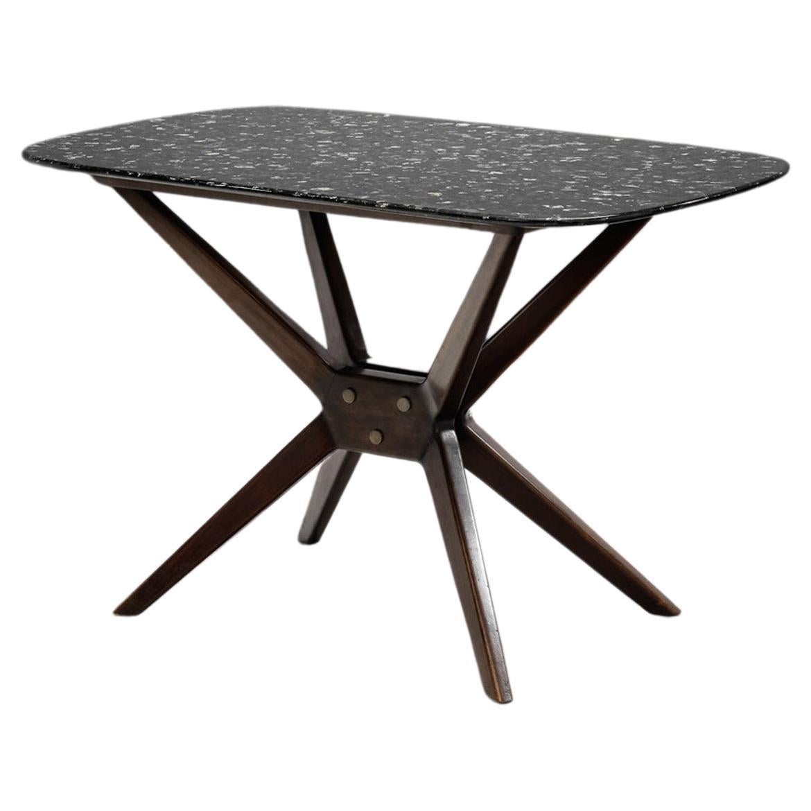 Swedish Wooden Table with Oblique Legs and Stone Top, Sweden, circa 1960s