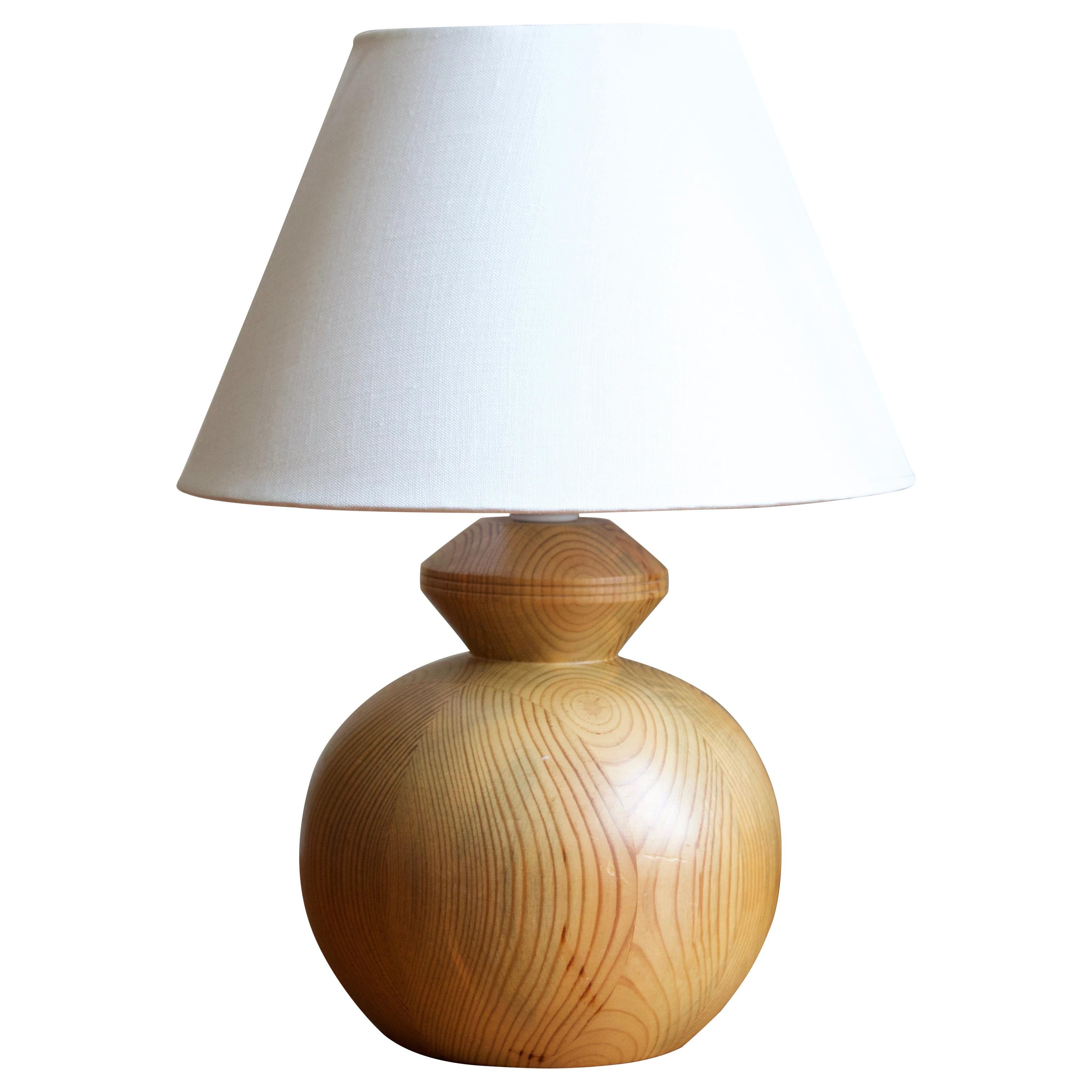 Swedish Maker, Signed Table Lamp, Solid Pine, Fabric, Sweden, 1983