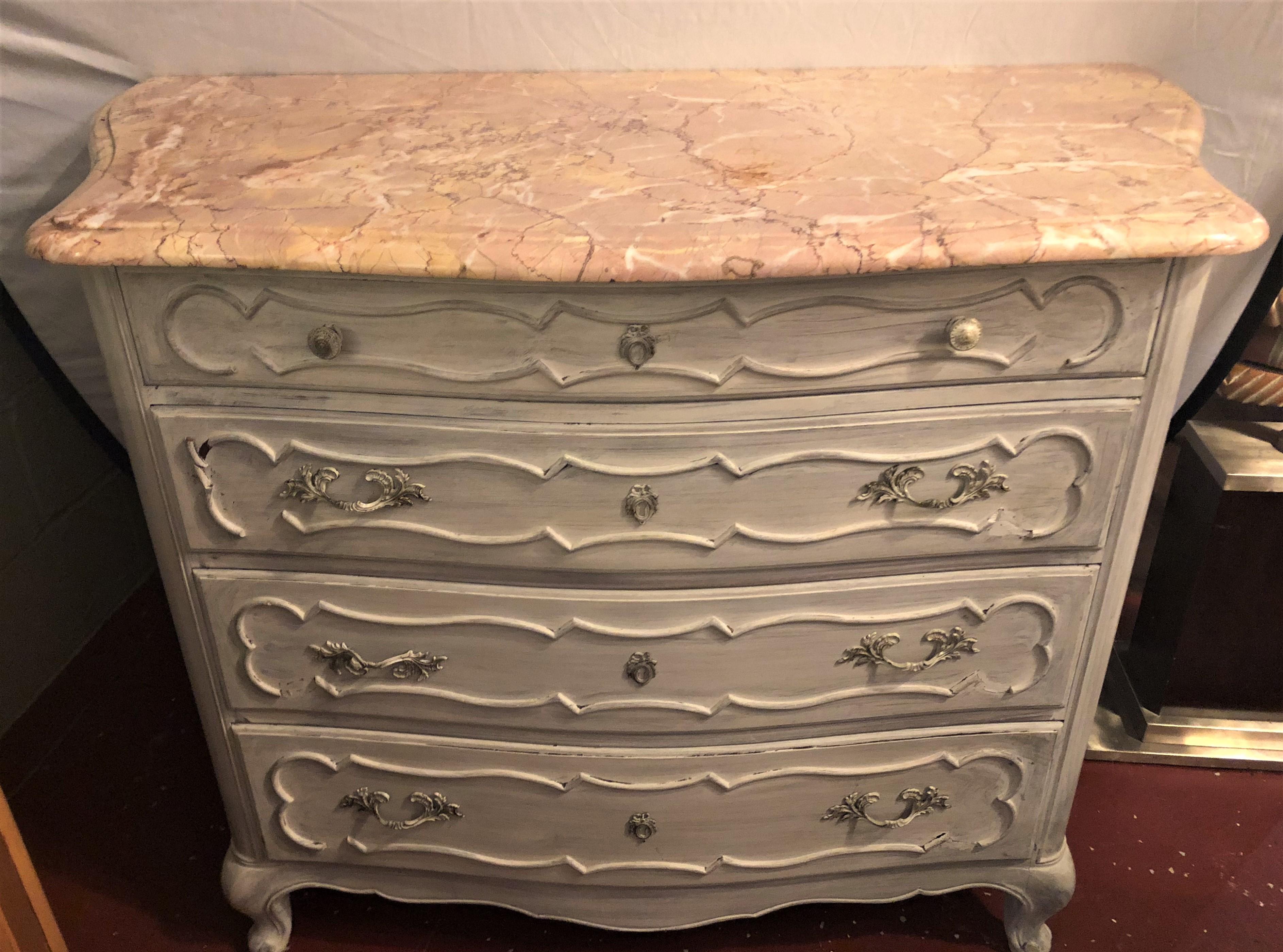 French Swedish Marble-Top Four-Drawer Chest or Commode or Nightstand Louis XV Style