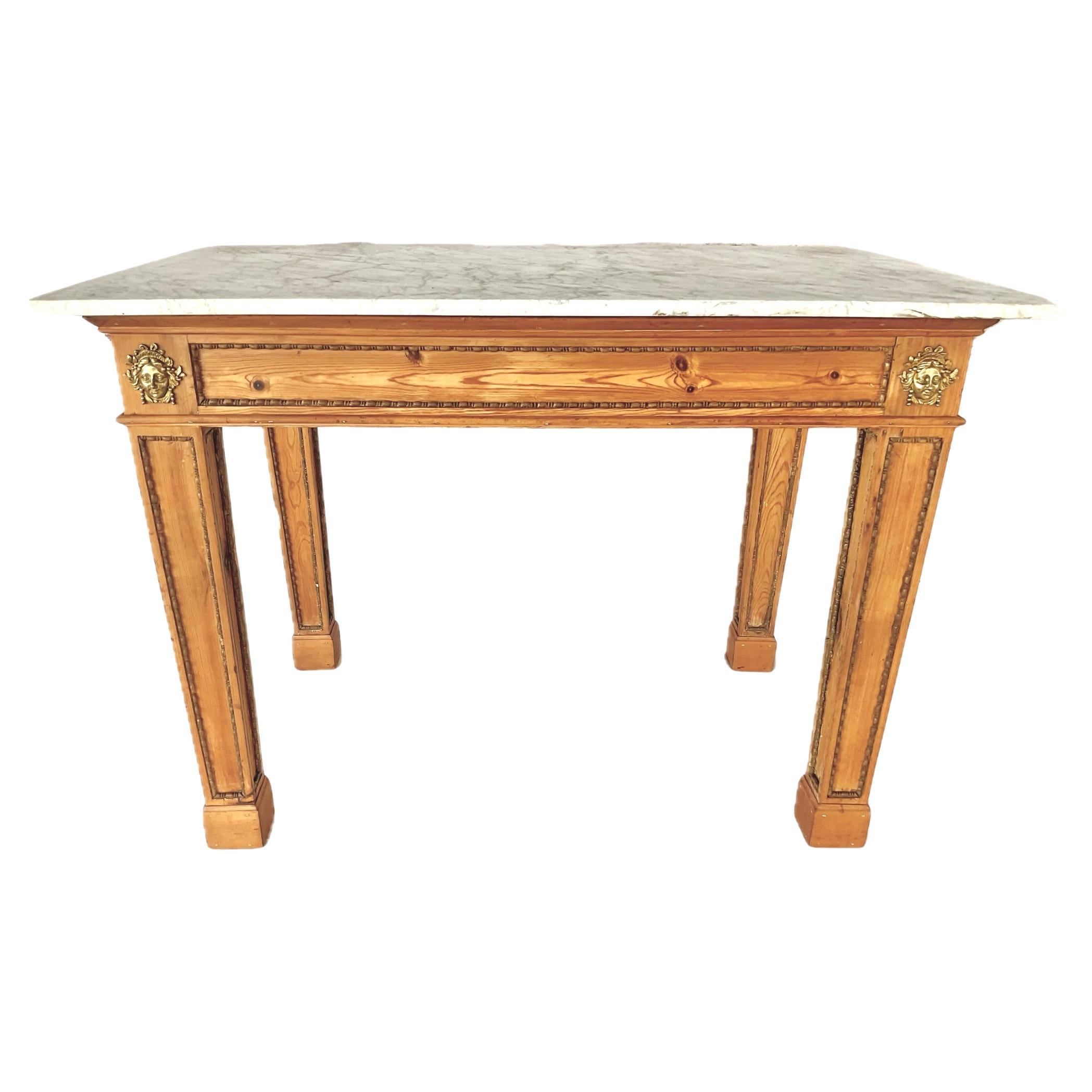 Swedish Marble Top Pine Console Table with Bronze Mounts For Sale