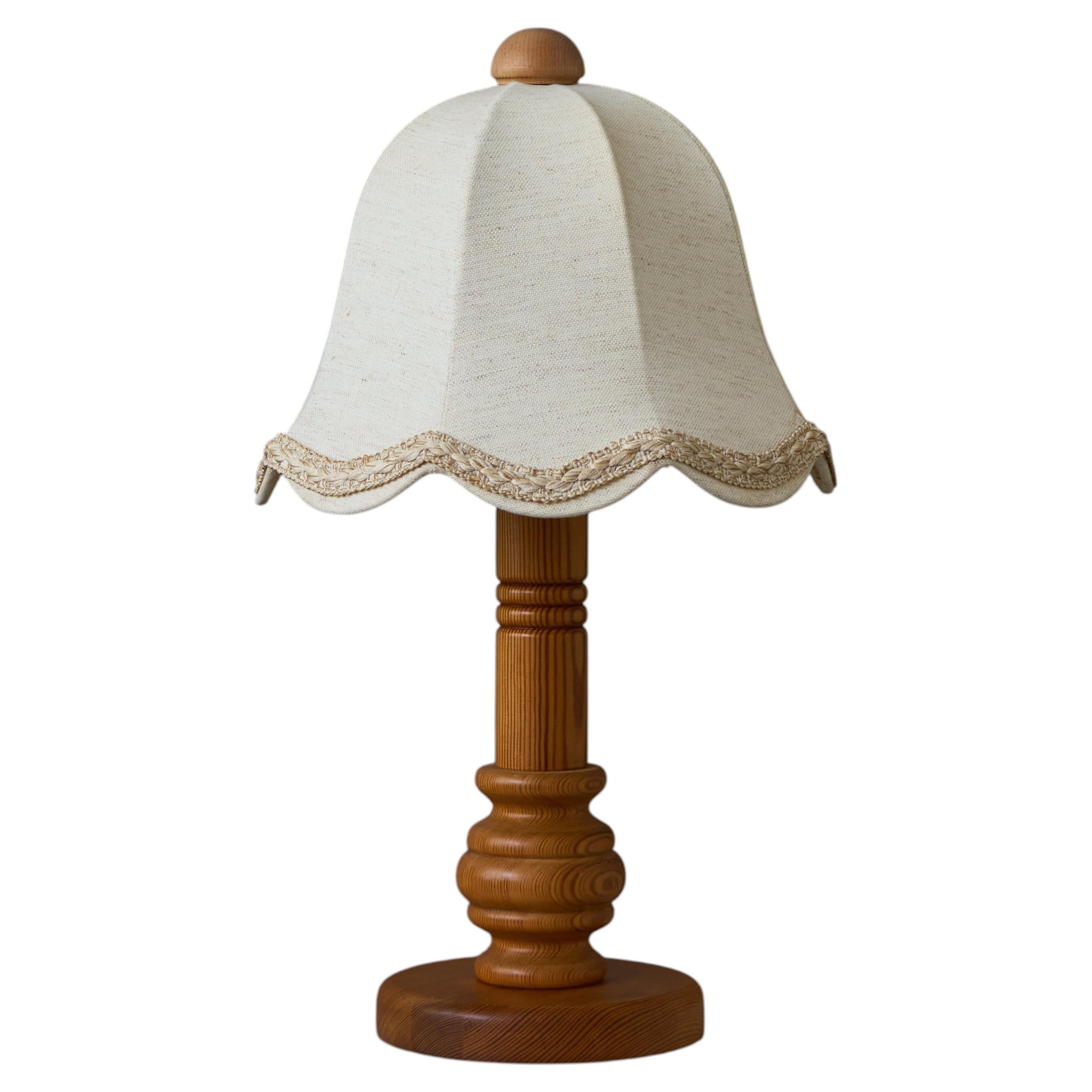 Swedish Markslöjd Pine Wood Table Lamp w. Fabric Shades, Sweden, 1970s For Sale