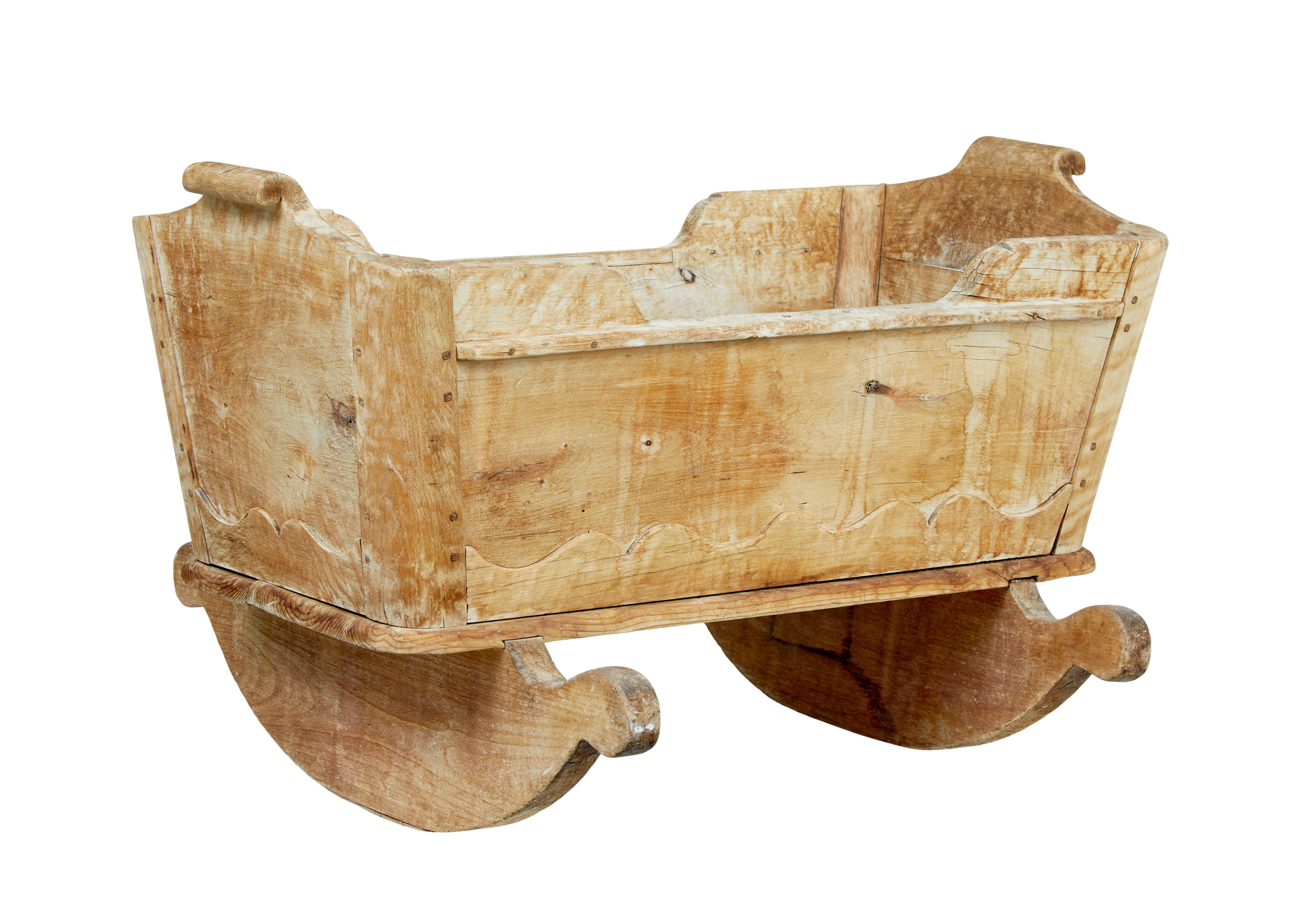Gustavian Swedish mid 19th century carved pine rocking cradle For Sale