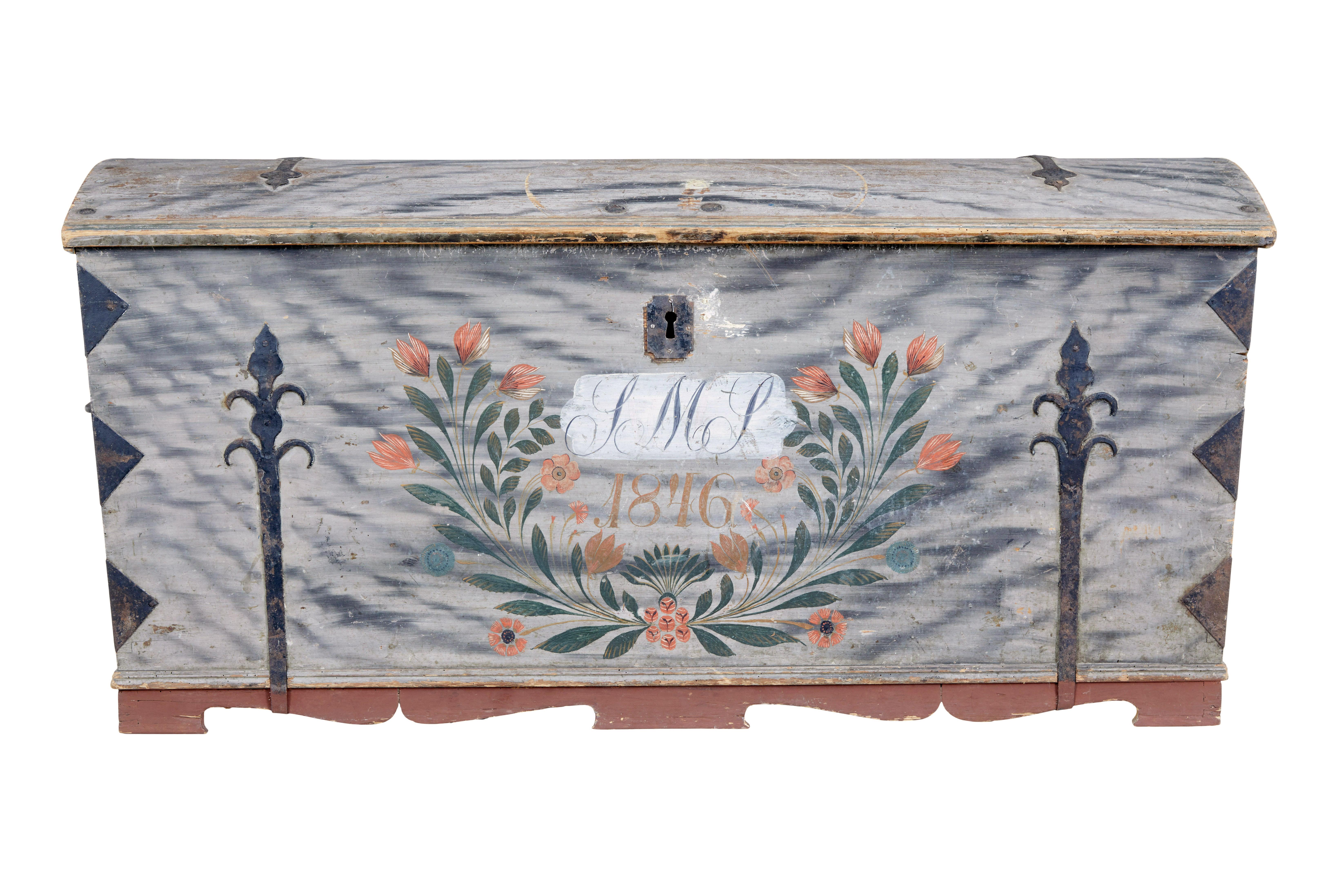 Swedish Mid-19th Century hand painted dome top chest, circa 1846.

Beautiful dome top chest, which was clearly cherished by the level of decoration. Initialled on the front and dated 1846, surrounded by hand painted florals. Interior with original