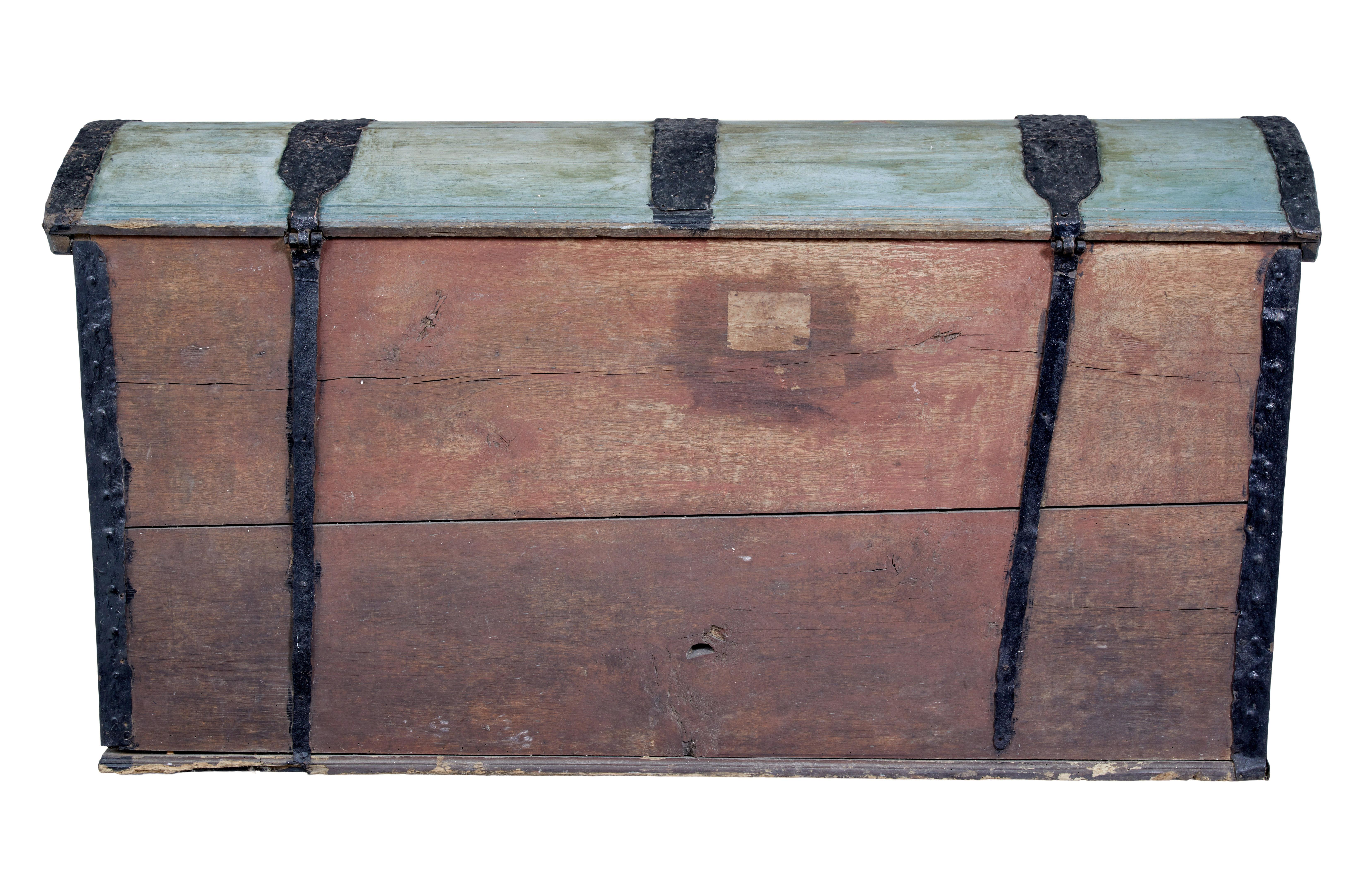 Folk Art Swedish Mid-19th Century Hand Painted Oak Dome Top Coffer For Sale