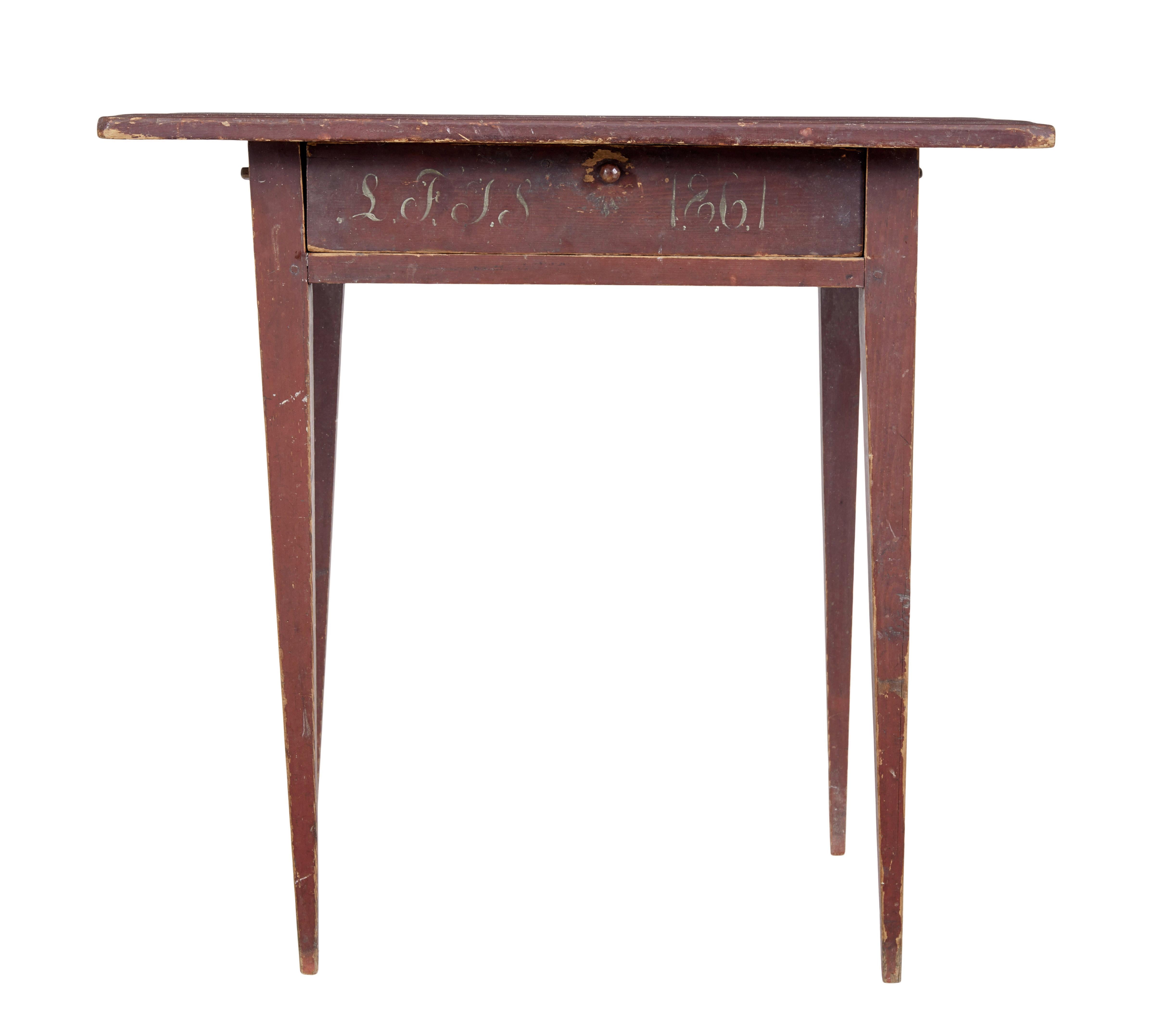 Swedish mid 19th century rustic painted pine side table circa 1861.

Real rustic traditional table we found on our travels around sweden.  Initialed l.F.J.S and dated 1861 on the drawer front.

Over-sailing rectangular top, with a single drawer