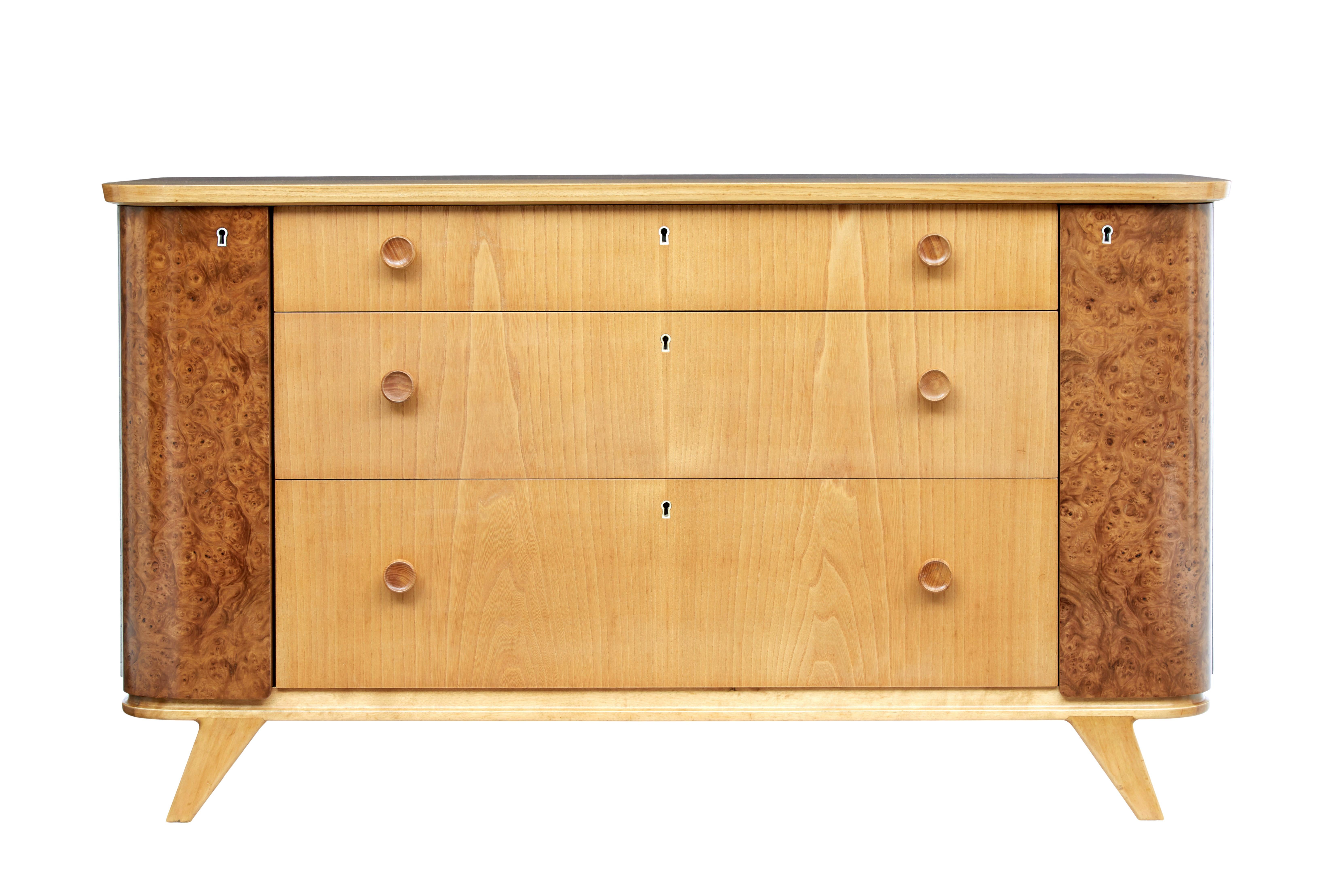 Hand-Crafted Swedish Mid-20th Century Elm and Burr Fitted Chest of Drawers For Sale