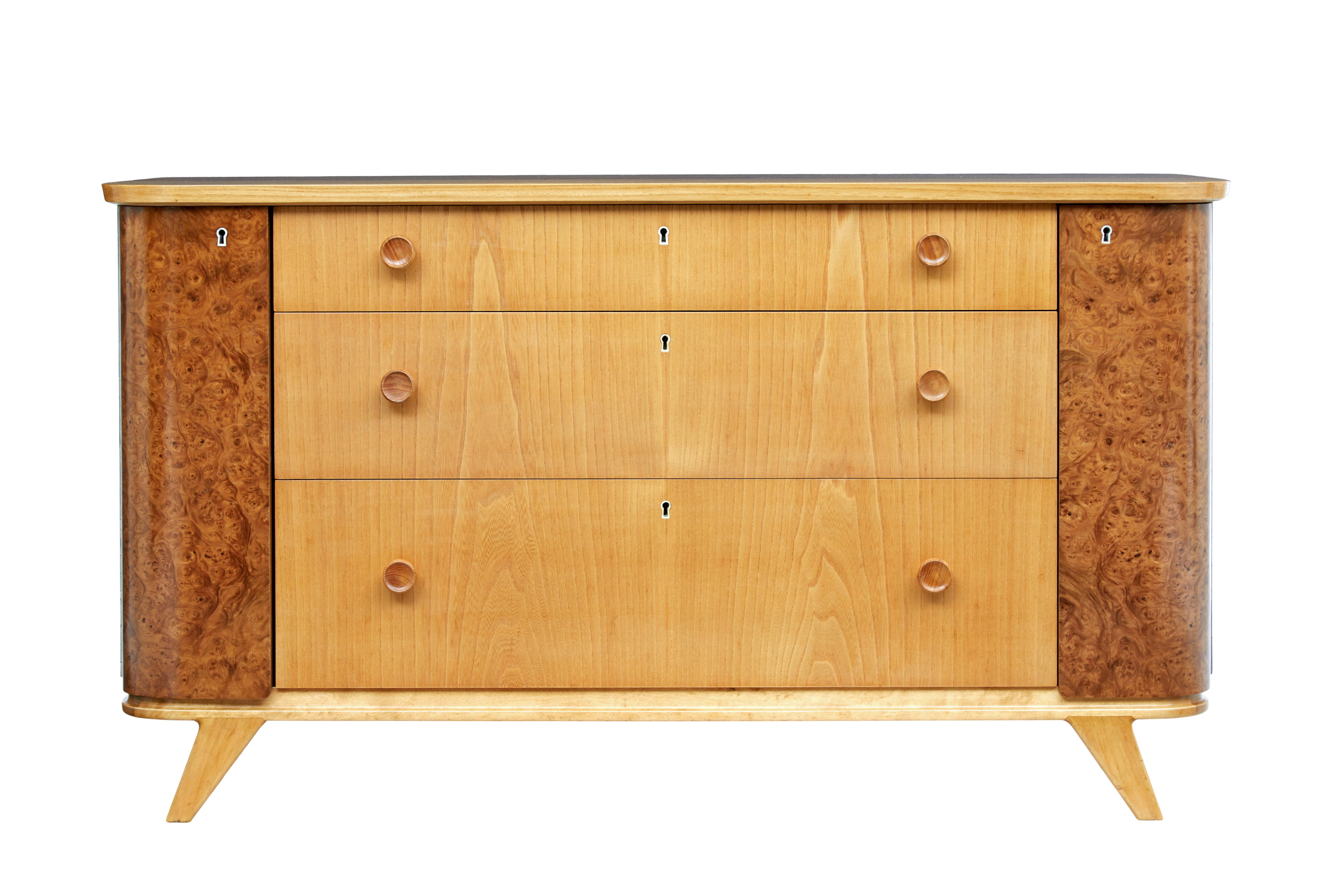 Hand-Crafted Swedish mid 20th century elm and burr fitted chest of drawers