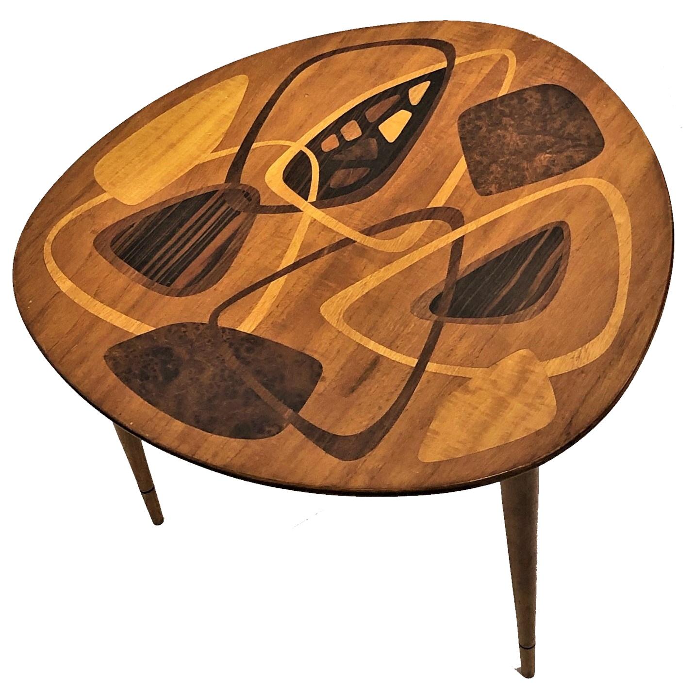 Mid-Century Modern Swedish Mid-Century Abstract Marquetry 3-Legged Coffee Table, ca. 1950s For Sale