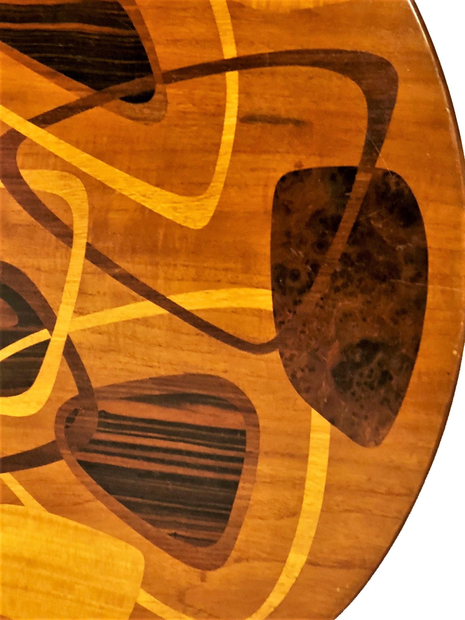 Wood Swedish Mid-Century Abstract Marquetry 3-Legged Coffee Table, ca. 1950s For Sale