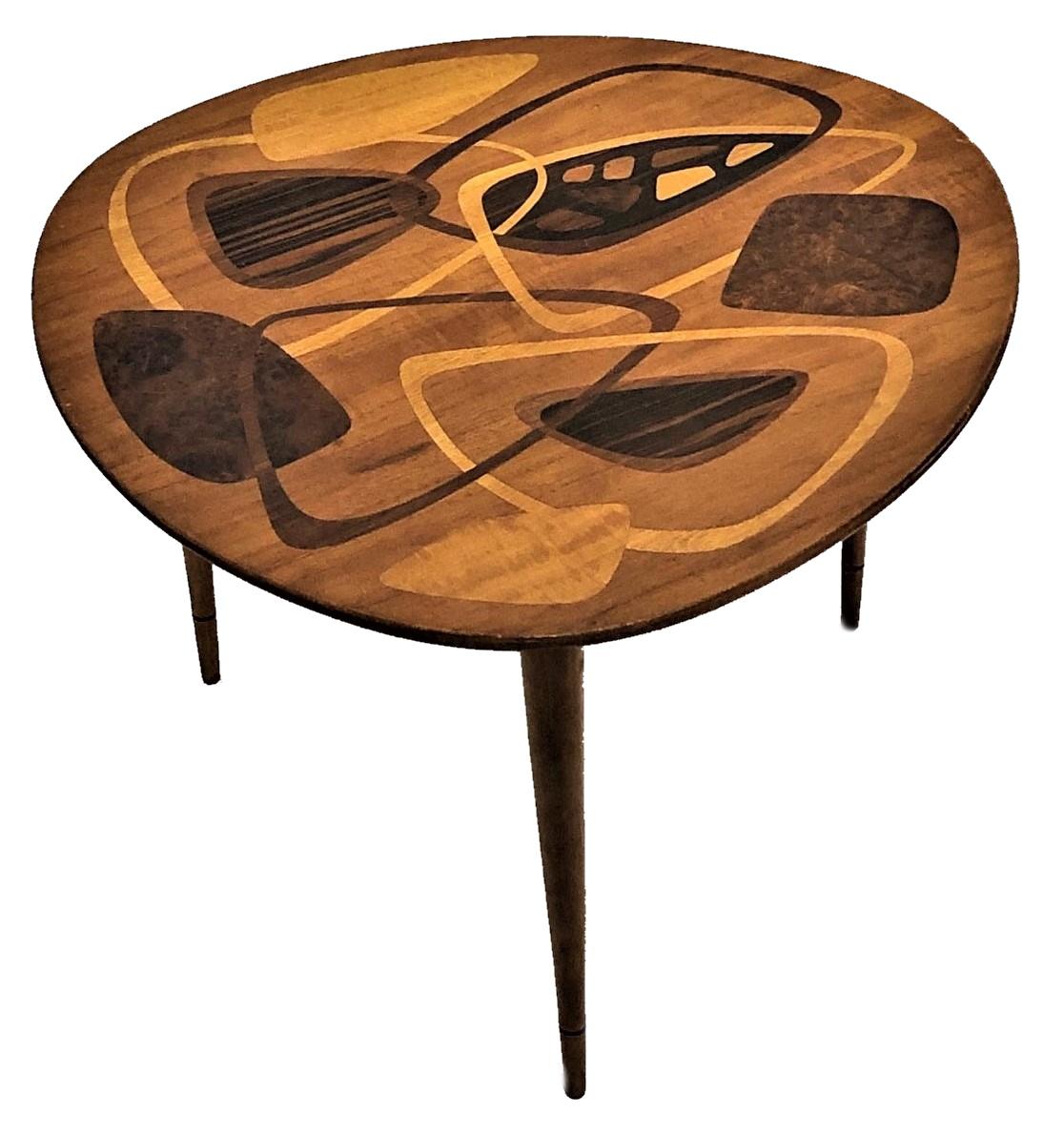 Swedish Mid-Century Abstract Marquetry 3-Legged Coffee Table, ca. 1950s For Sale