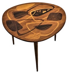 Retro Swedish Mid-Century Abstract Marquetry 3-Legged Coffee Table, ca. 1950s