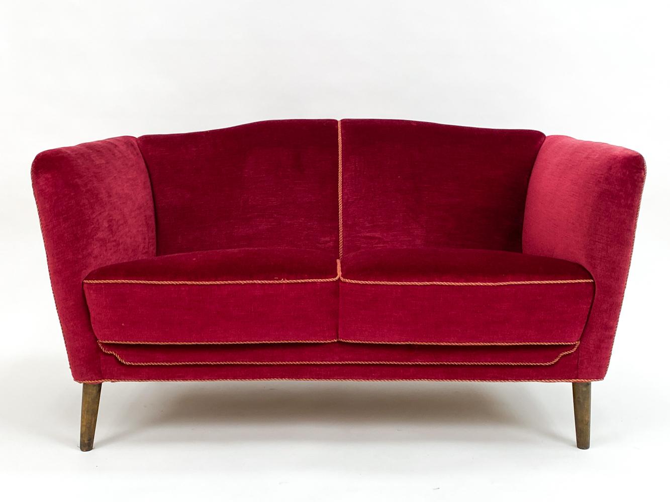 Danish Swedish Mid-Century Beech & Red Mohair Sofa, c. 1950's For Sale