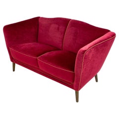 Vintage Swedish Mid-Century Beech & Red Mohair Sofa, c. 1950's
