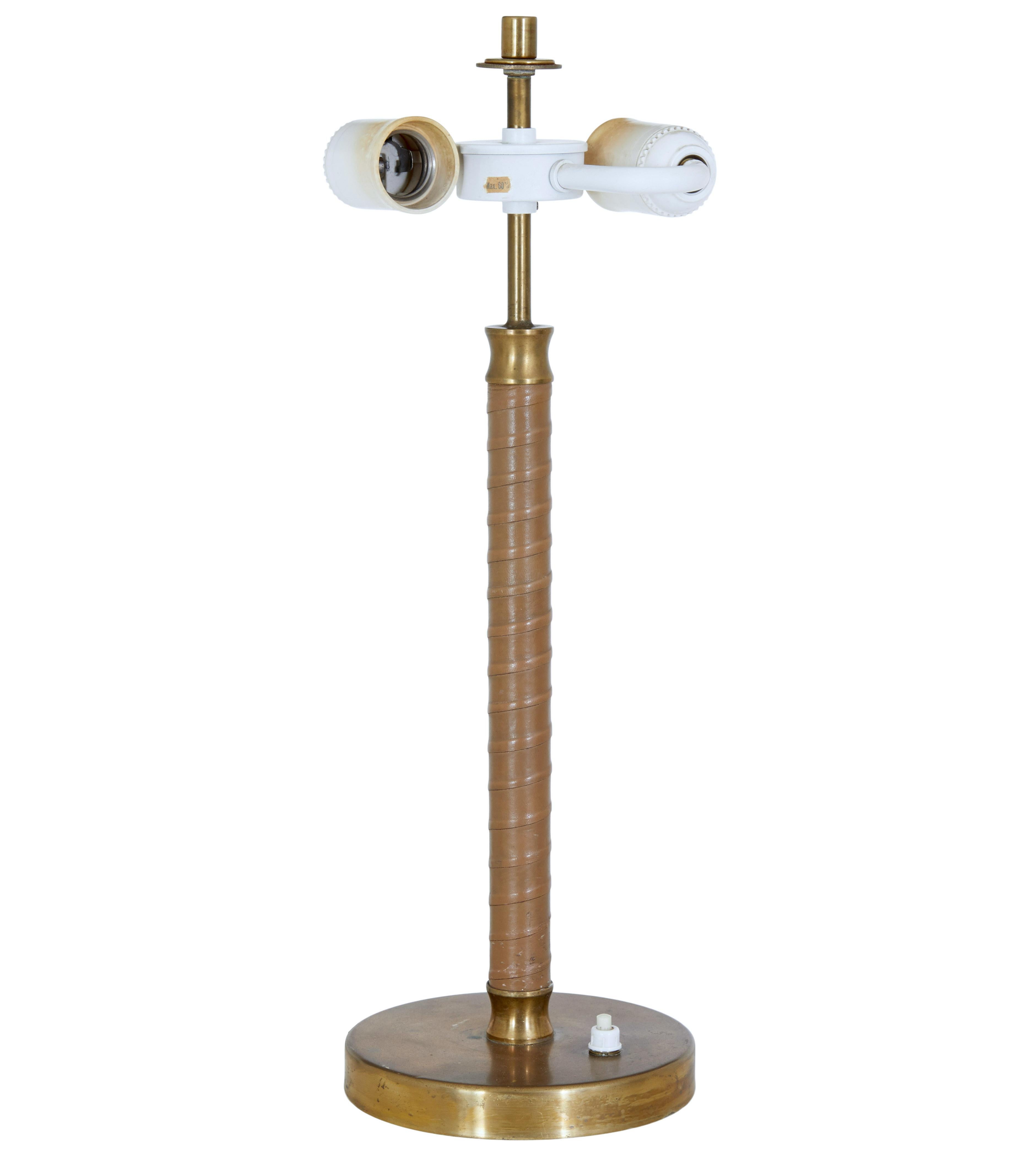 Hand-Crafted Swedish Mid Century Brass and Leather Table Lamp by Boréns