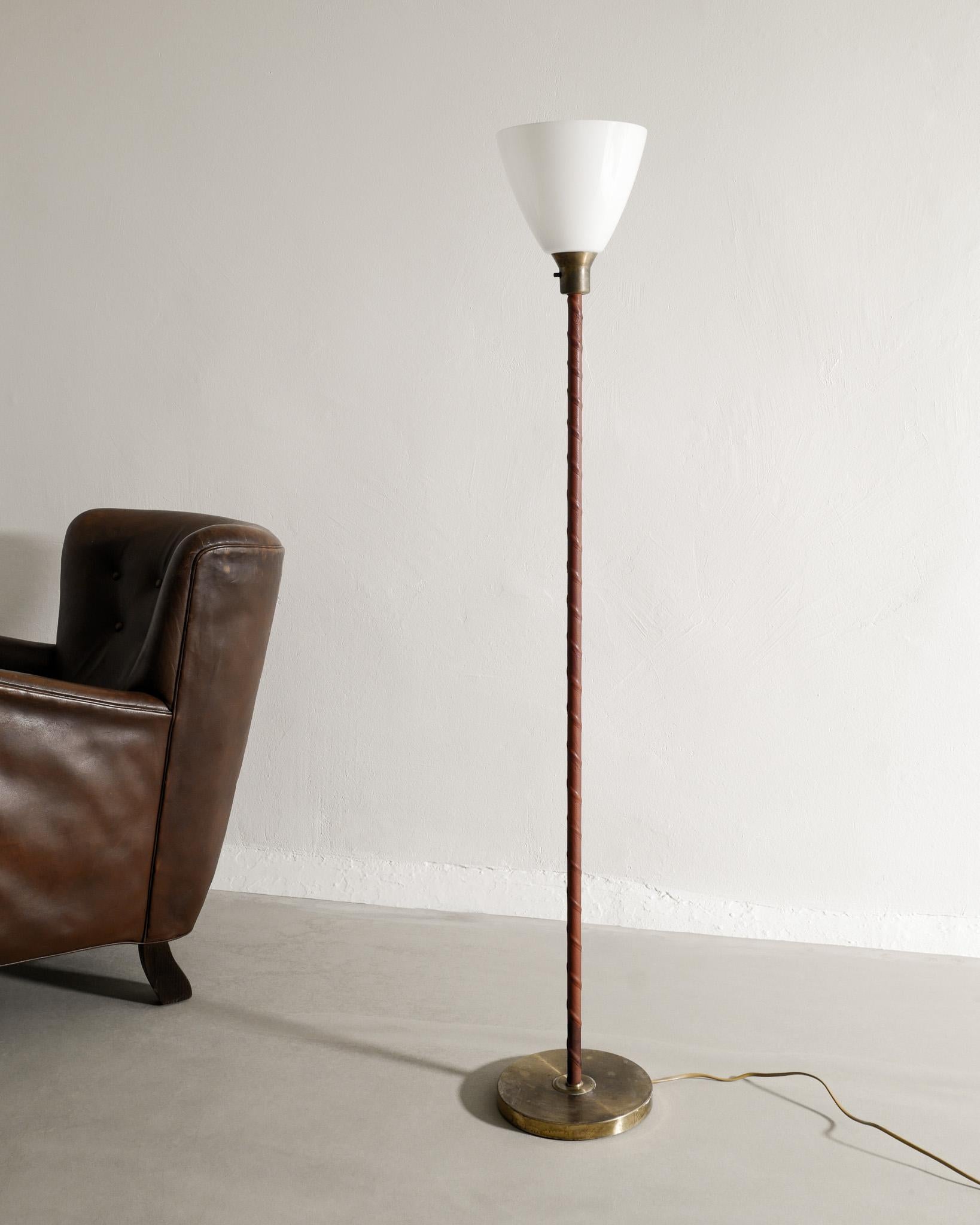Swedish Mid Century Brass, Leather & Glass Uplight Floor Lamp Produced, 1950s For Sale 5