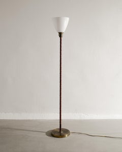 Swedish Mid Century Brass, Leather & Glass Uplight Floor Lamp Produced, 1950s