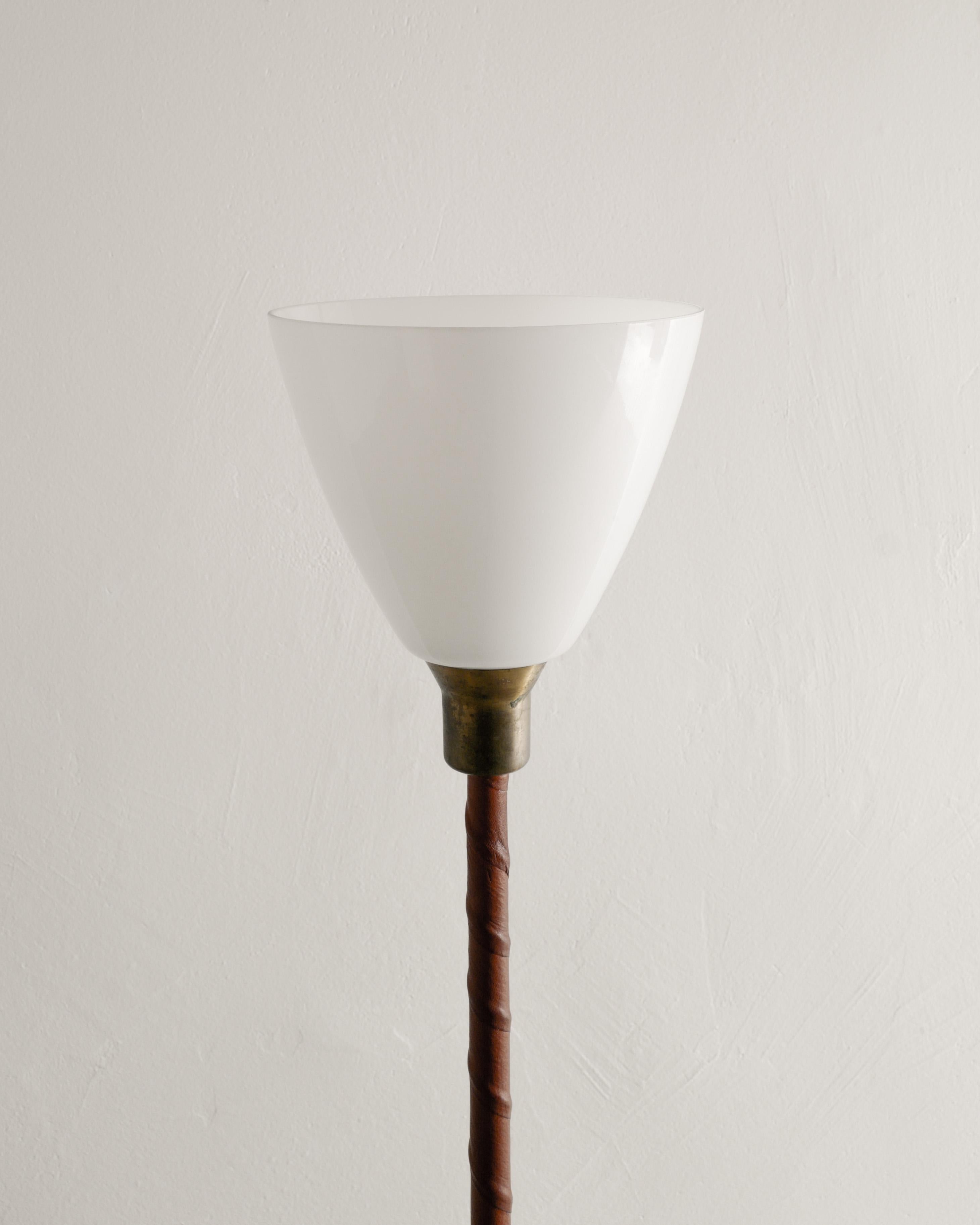 Scandinavian Modern Swedish Mid Century Brass, Leather & Glass Uplight Floor Lamp Produced, 1950s For Sale