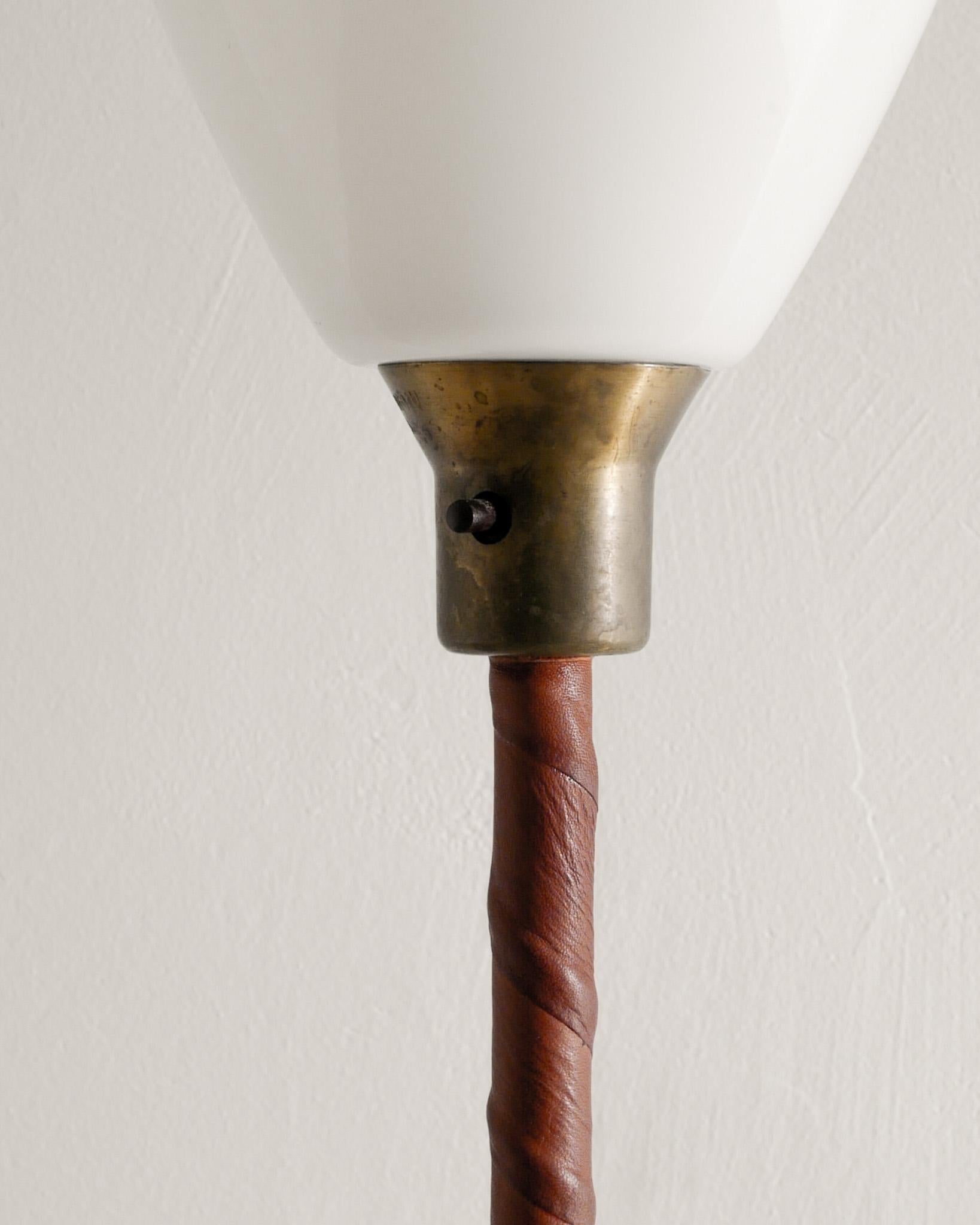 Swedish Mid Century Brass, Leather & Glass Uplight Floor Lamp Produced, 1950s In Good Condition For Sale In Stockholm, SE
