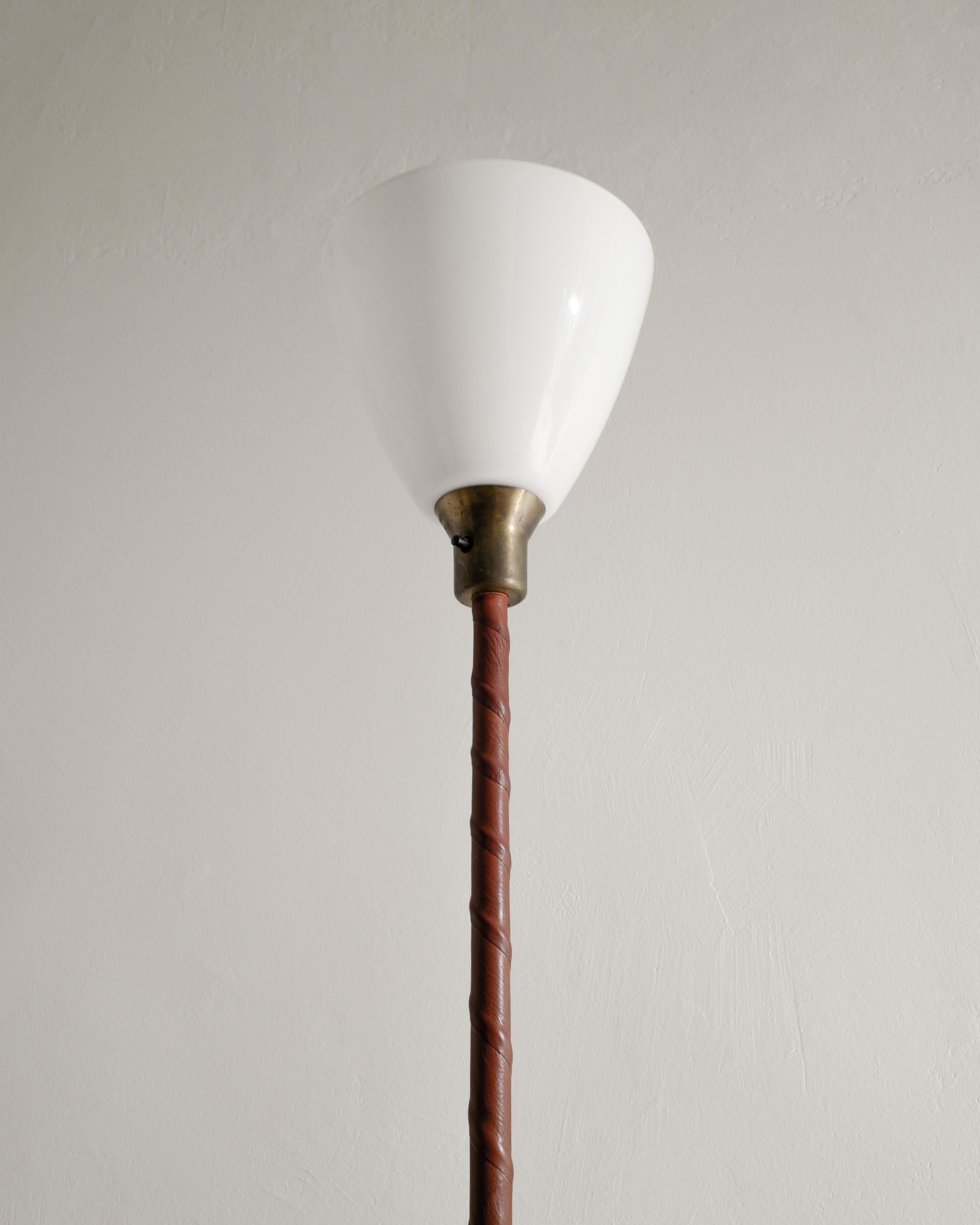 Mid-20th Century Swedish Mid Century Brass, Leather & Glass Uplight Floor Lamp Produced, 1950s For Sale