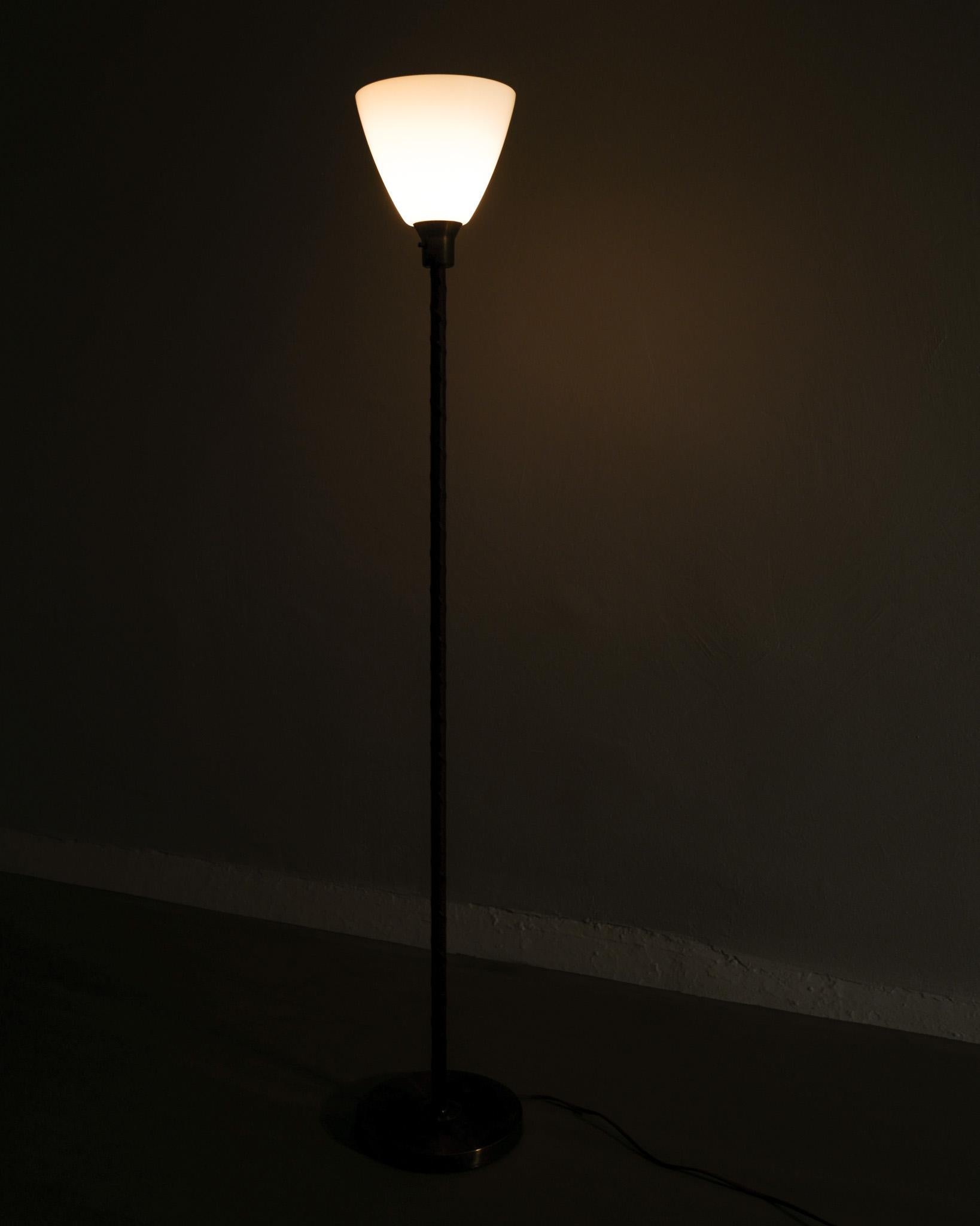 Swedish Mid Century Brass, Leather & Glass Uplight Floor Lamp Produced, 1950s For Sale 2
