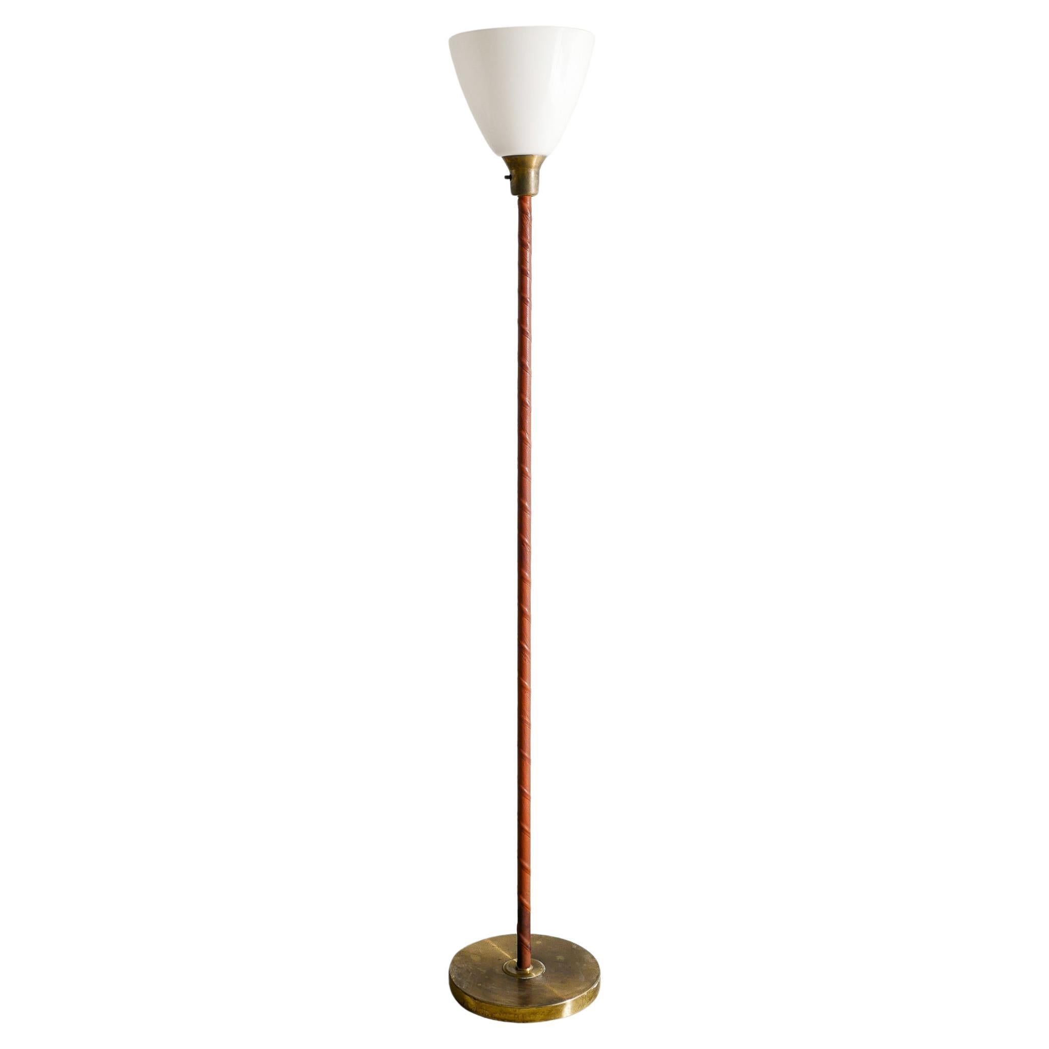 Swedish Mid Century Brass, Leather & Glass Uplight Floor Lamp Produced, 1950s For Sale