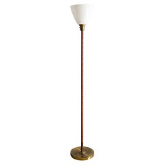 Vintage Swedish Mid Century Brass, Leather & Glass Uplight Floor Lamp Produced, 1950s