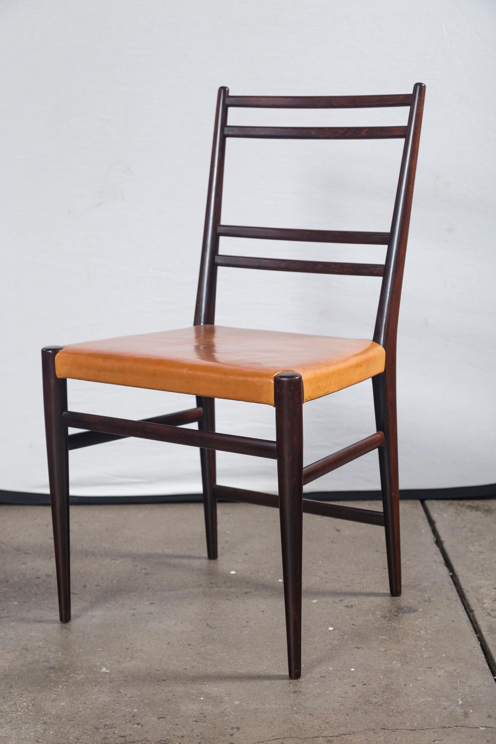 Swedish Mid-Century Brown Leather and Wood Dining Chairs, Set of 6 In Good Condition For Sale In Westport, CT