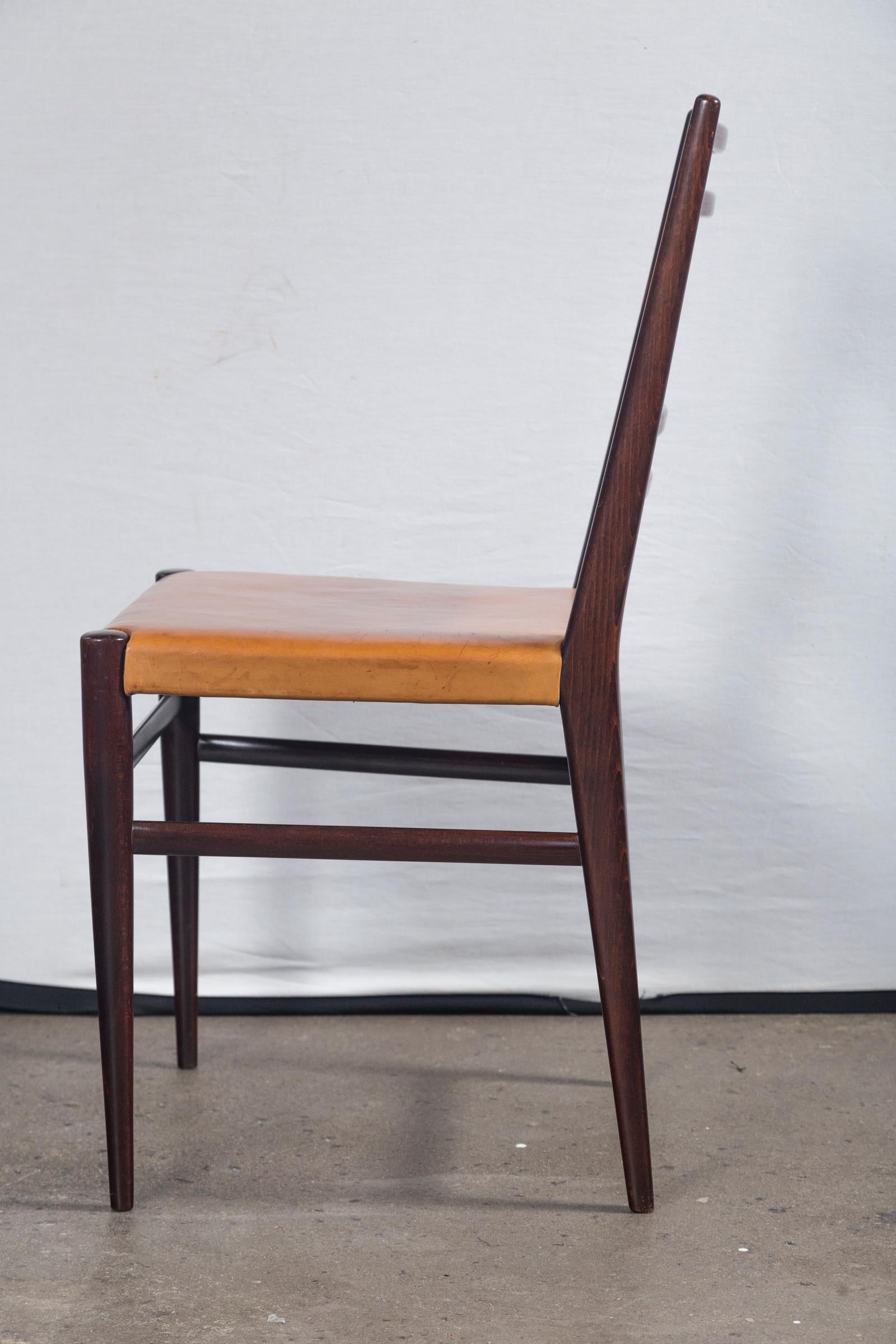 20th Century Swedish Mid-Century Brown Leather and Wood Dining Chairs, Set of 6 For Sale