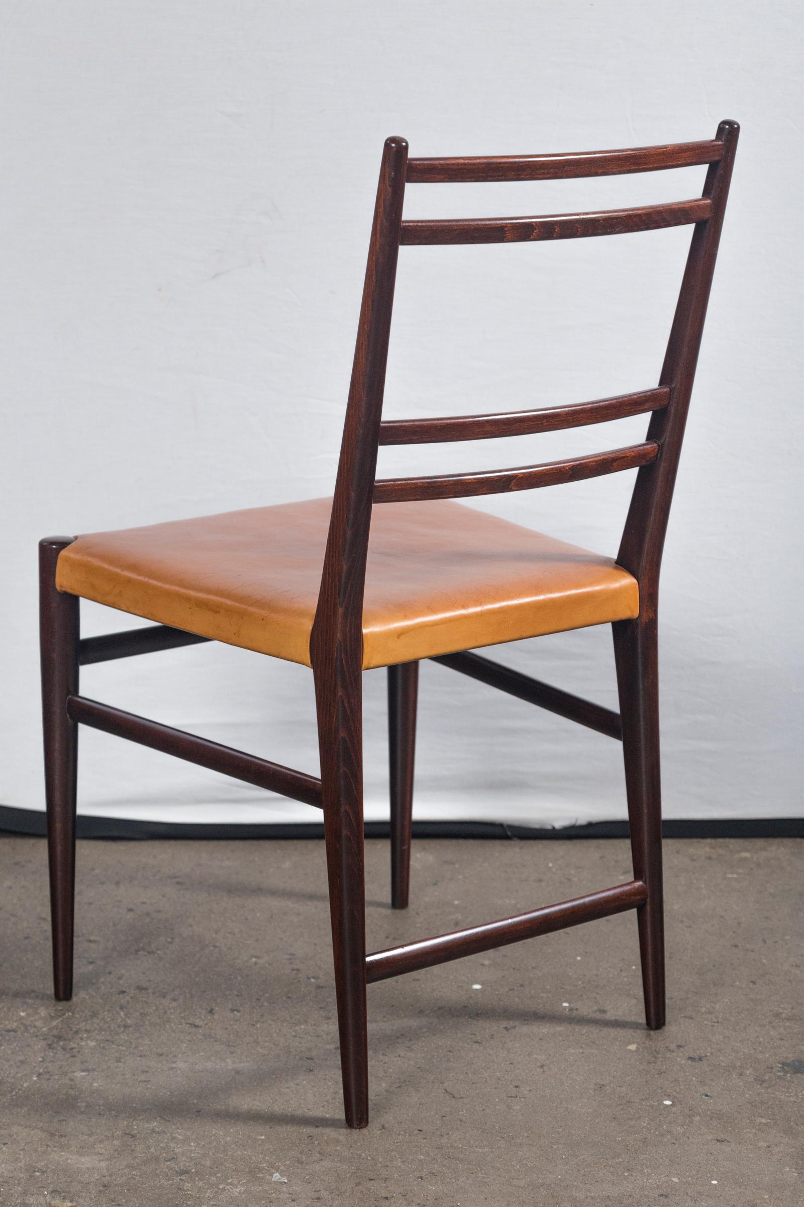 Swedish Mid-Century Brown Leather and Wood Dining Chairs, Set of 6 For Sale 1