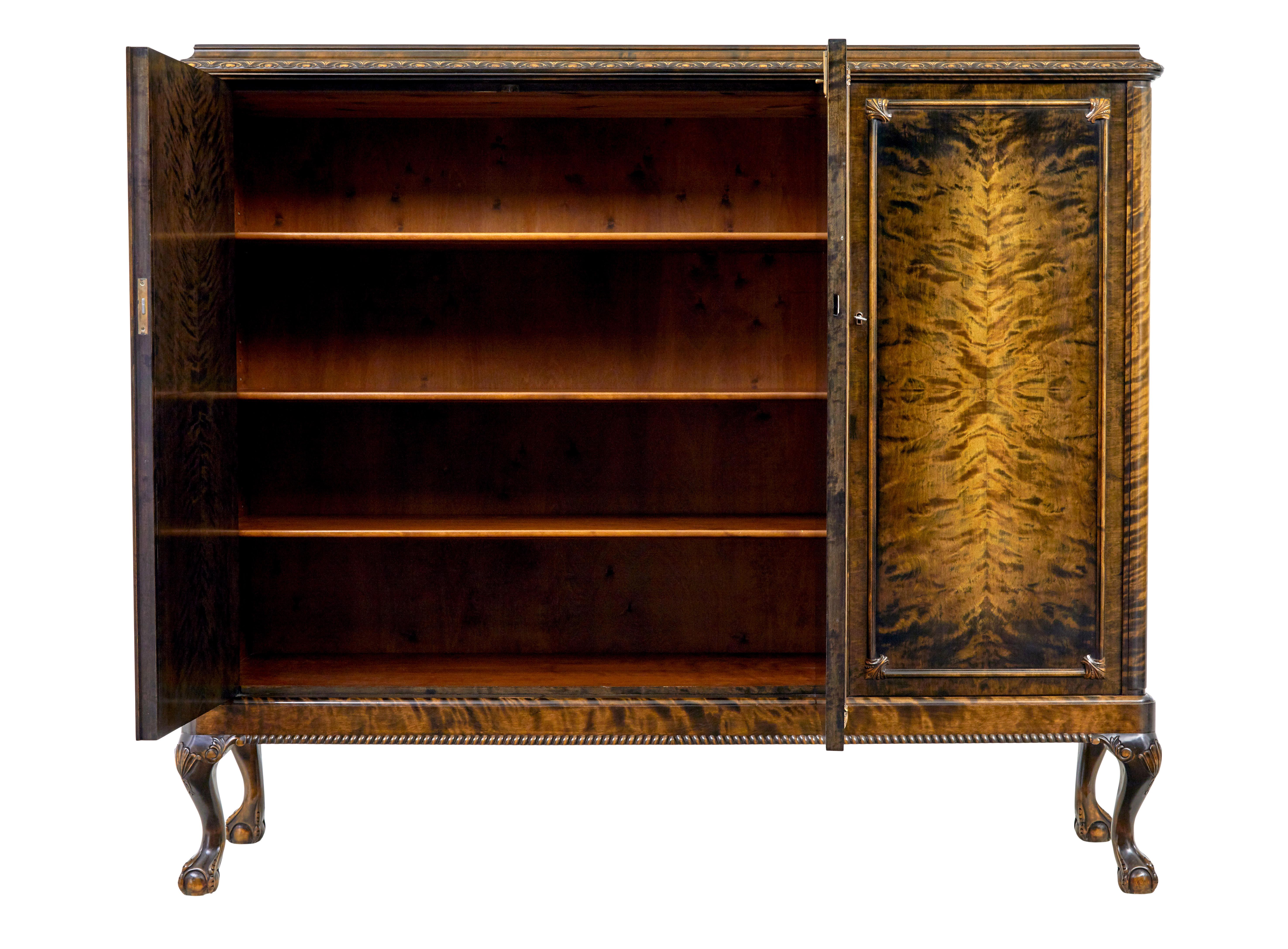 Carved Swedish mid century burr birch fitted sideboard For Sale