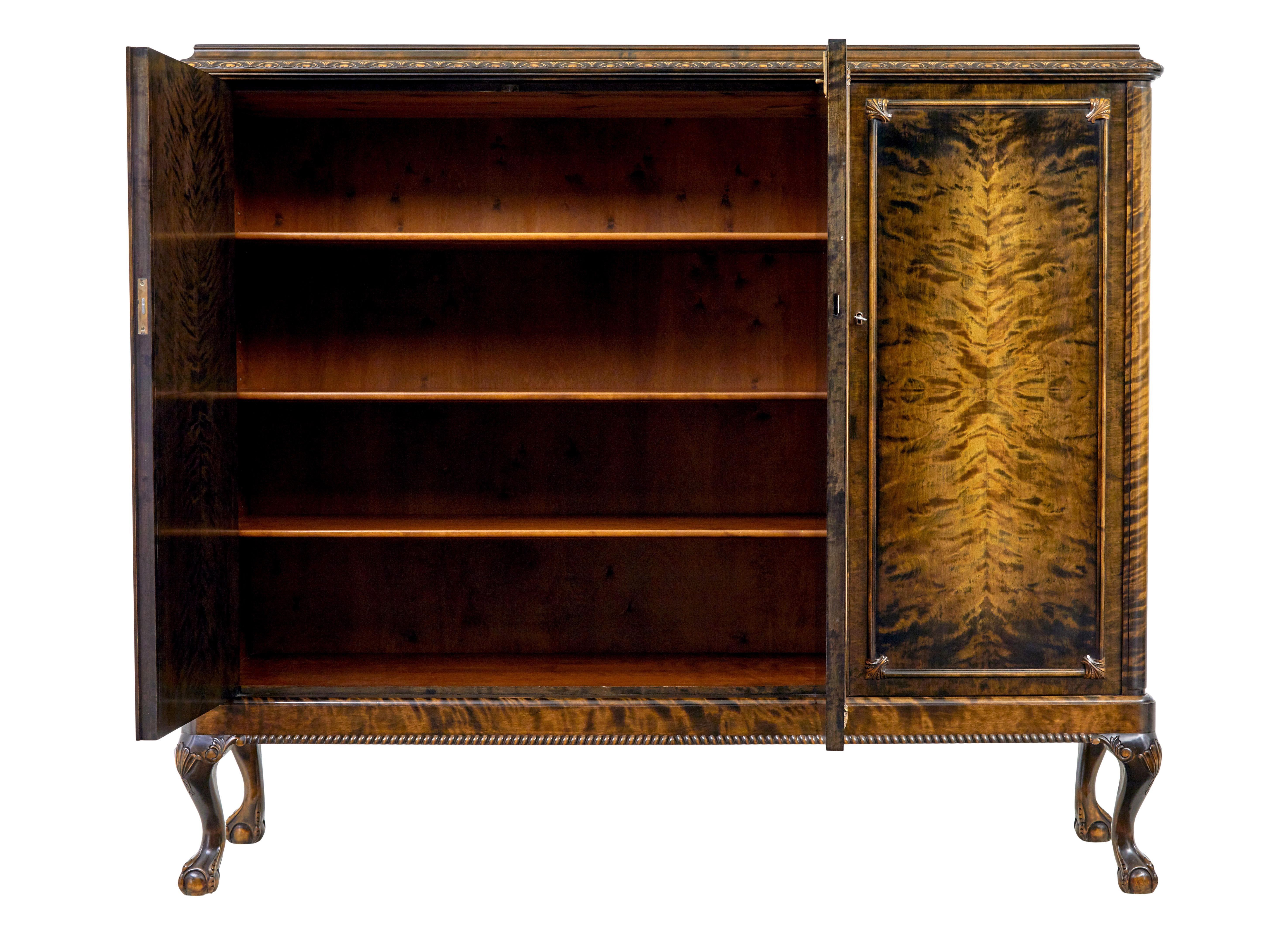 Hand-Carved 1940s Swedish Stained Flame Birch Sideboard For Sale