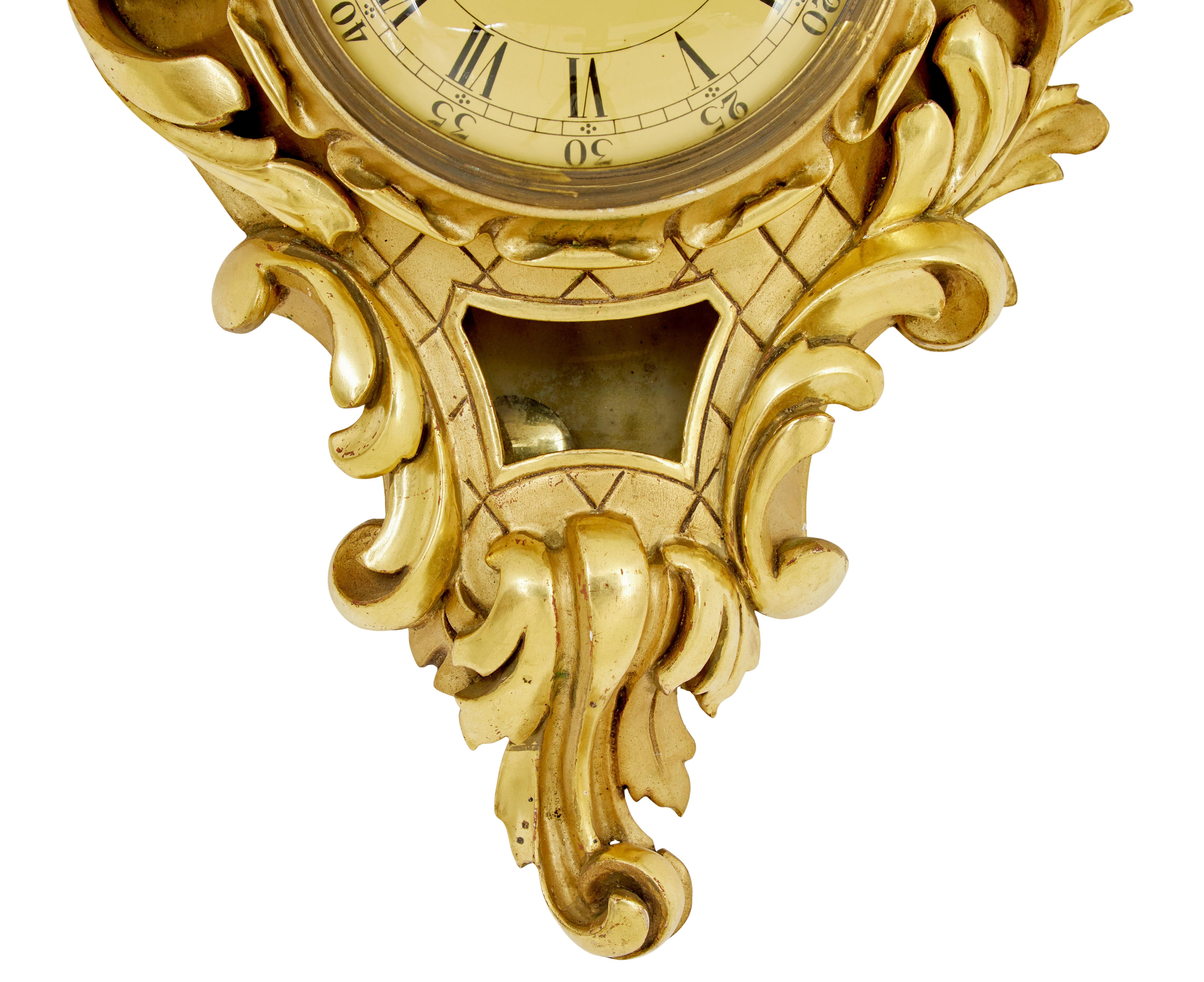 Hand-Carved Swedish mid century carved rococo revival gilt clock For Sale