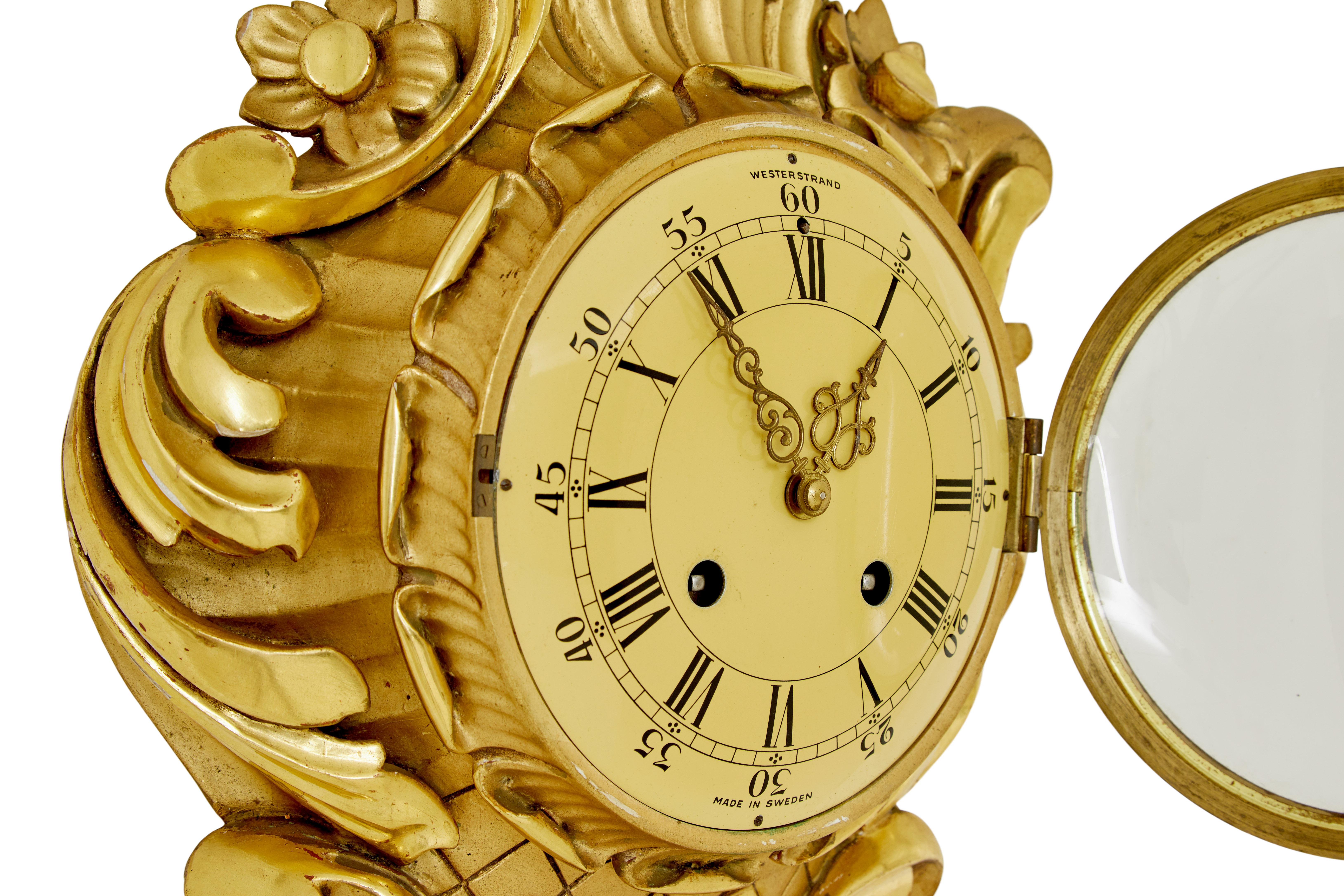 Swedish mid century carved rococo revival gilt clock In Good Condition For Sale In Debenham, Suffolk