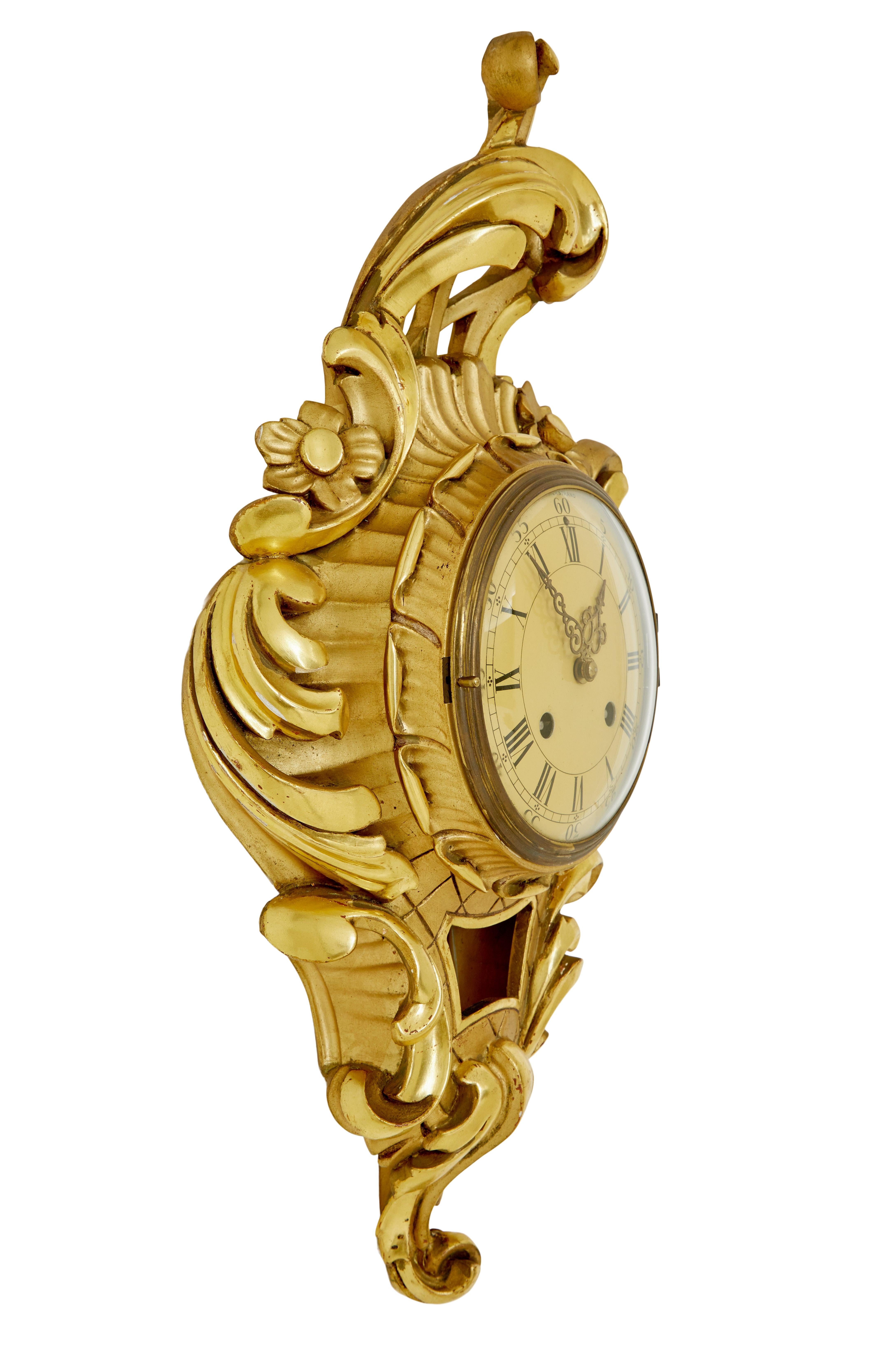 20th Century Swedish mid century carved rococo revival gilt clock For Sale