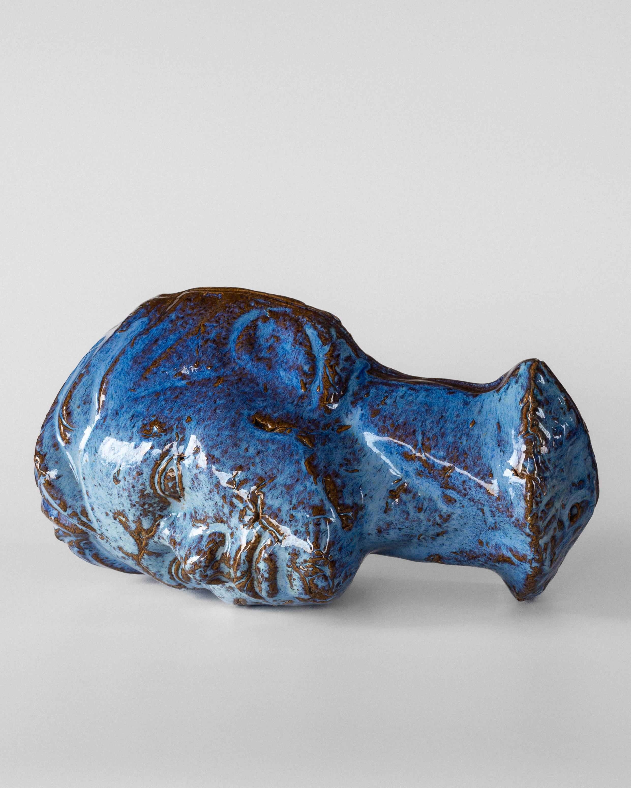 Late 20th Century Swedish Mid-Century Ceramic Mask - Blue Glazed Face Sculpture, ca 1970s For Sale