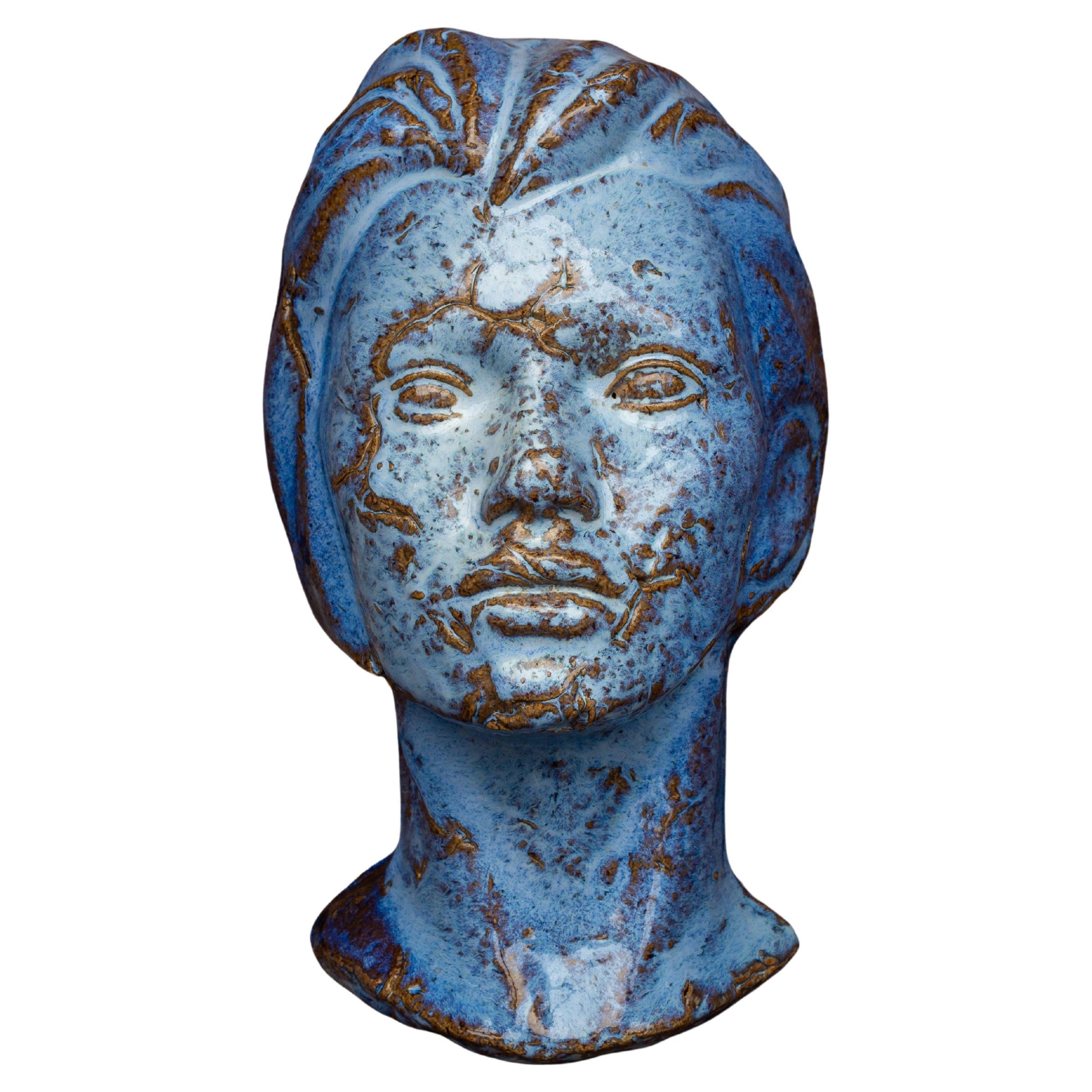 Swedish Mid-Century Ceramic Mask - Blue Glazed Face Sculpture, ca 1970s