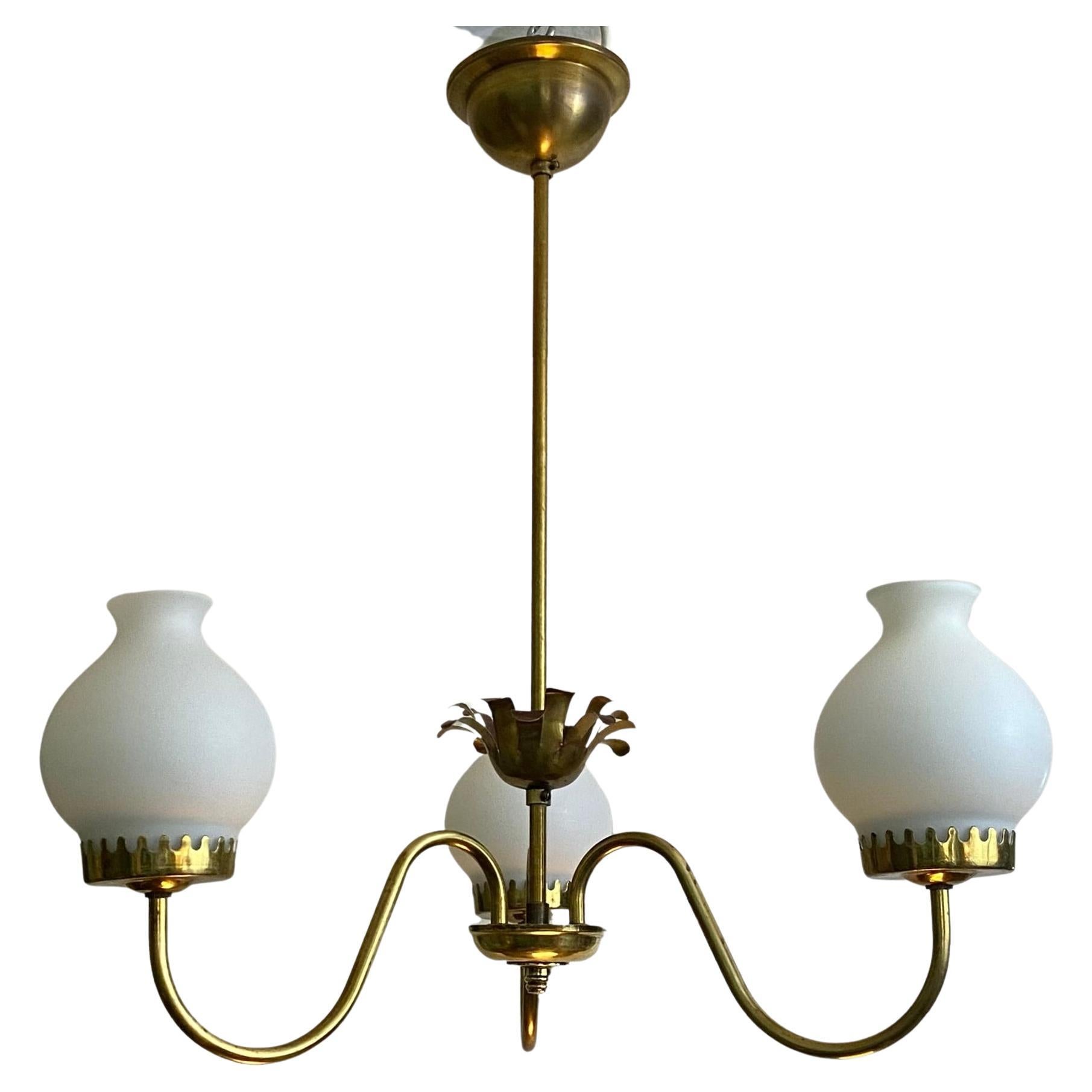 Swedish mid-century chandelier, brass and glass, Scandinavian Modern, 1940s