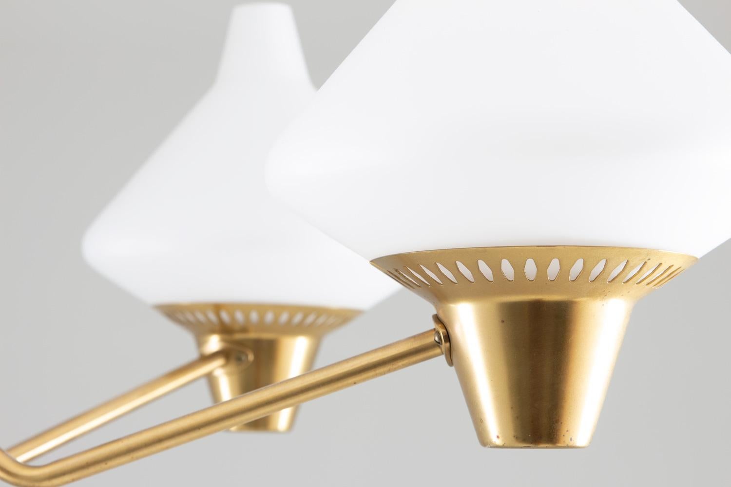 Swedish Midcentury Chandelier in Brass and Opaline Glass by ASEA 6