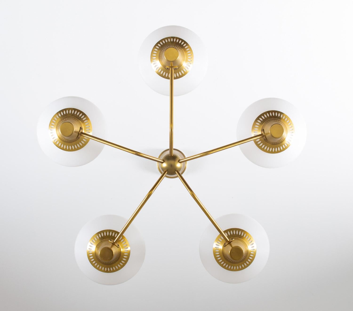 20th Century Swedish Midcentury Chandelier in Brass and Opaline Glass by ASEA