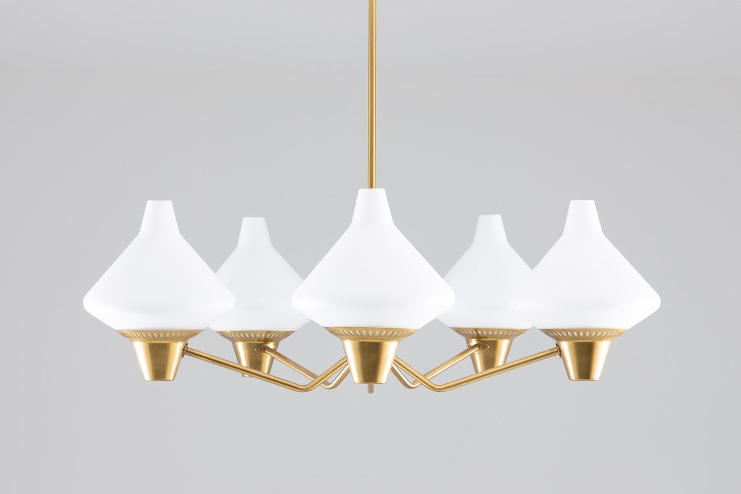 Swedish Midcentury Chandelier in Brass and Opaline Glass by ASEA 1