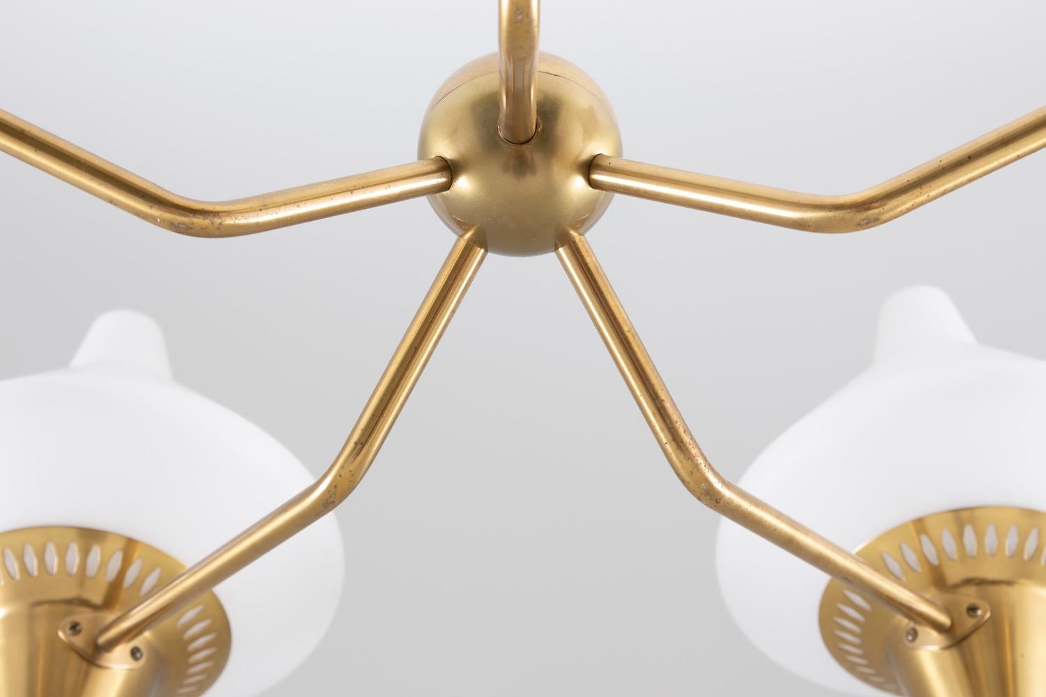 Swedish Midcentury Chandelier in Brass and Opaline Glass by ASEA 5