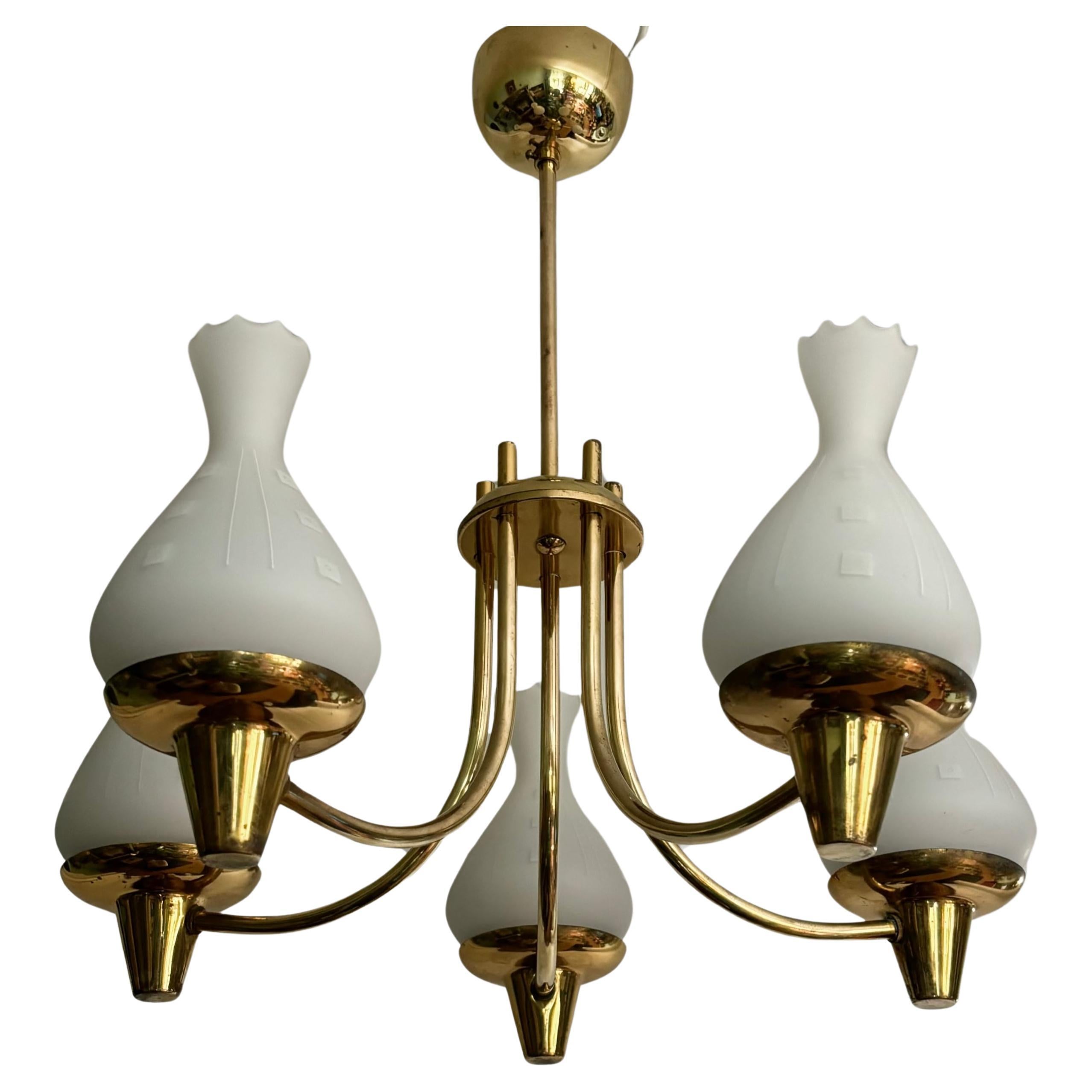 Swedish mid century chandelier made from brass and glass, 1940s